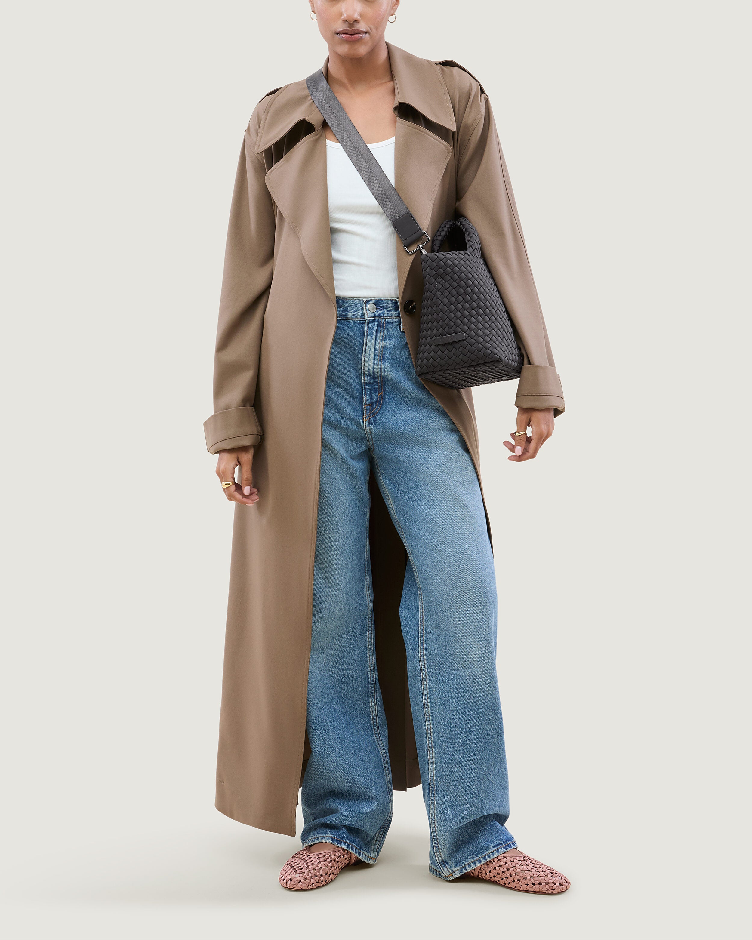 St. Barths Tote in Ash shown on model to illustrate scale and soft silhouette.