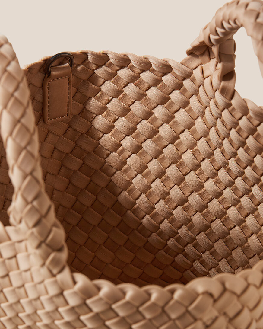 Interior close-up of St. Barths Tote in Camel showing its open top, and unlined interior.