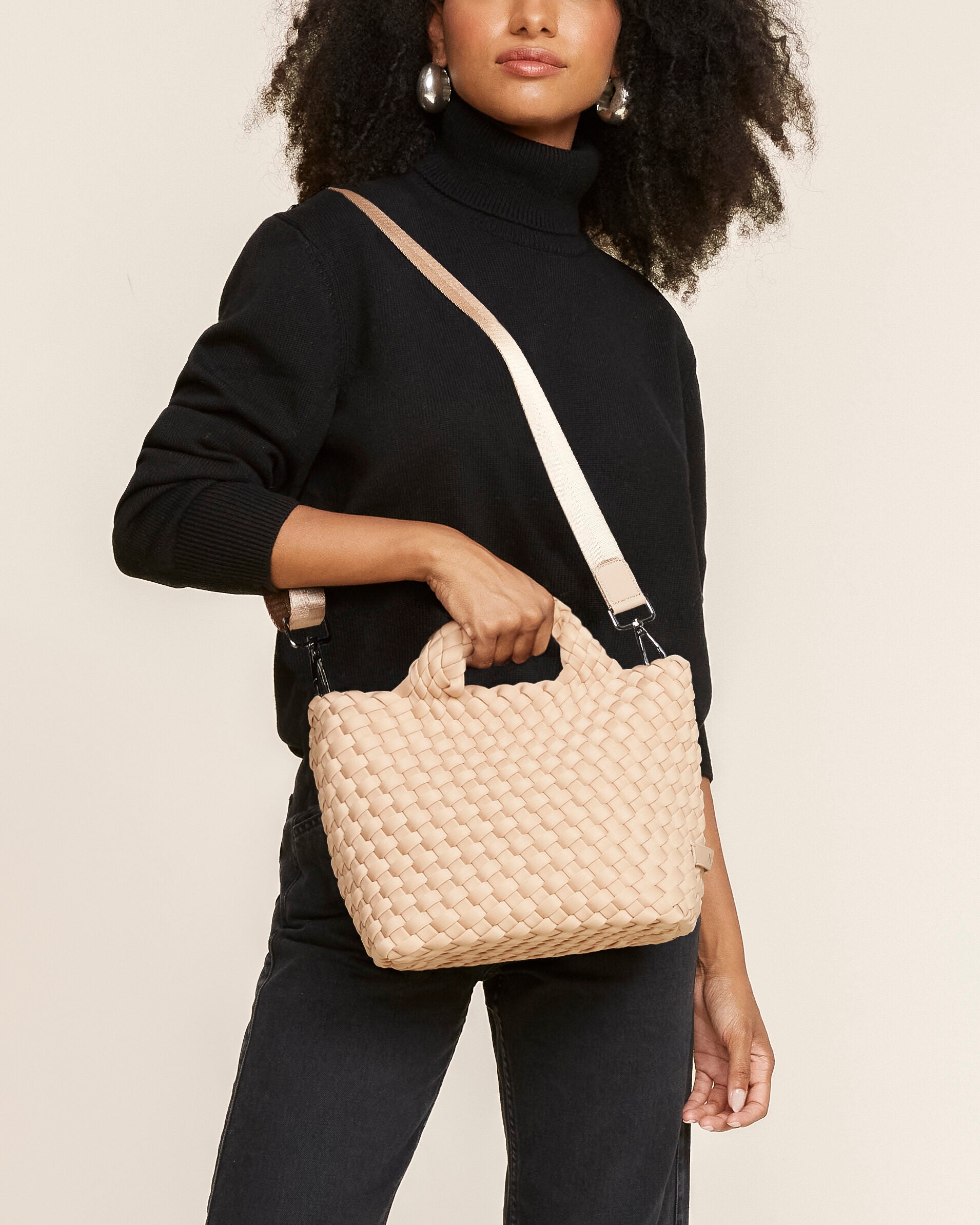 St. Barths Tote in Camel shown on model to illustrate scale and soft silhouette.