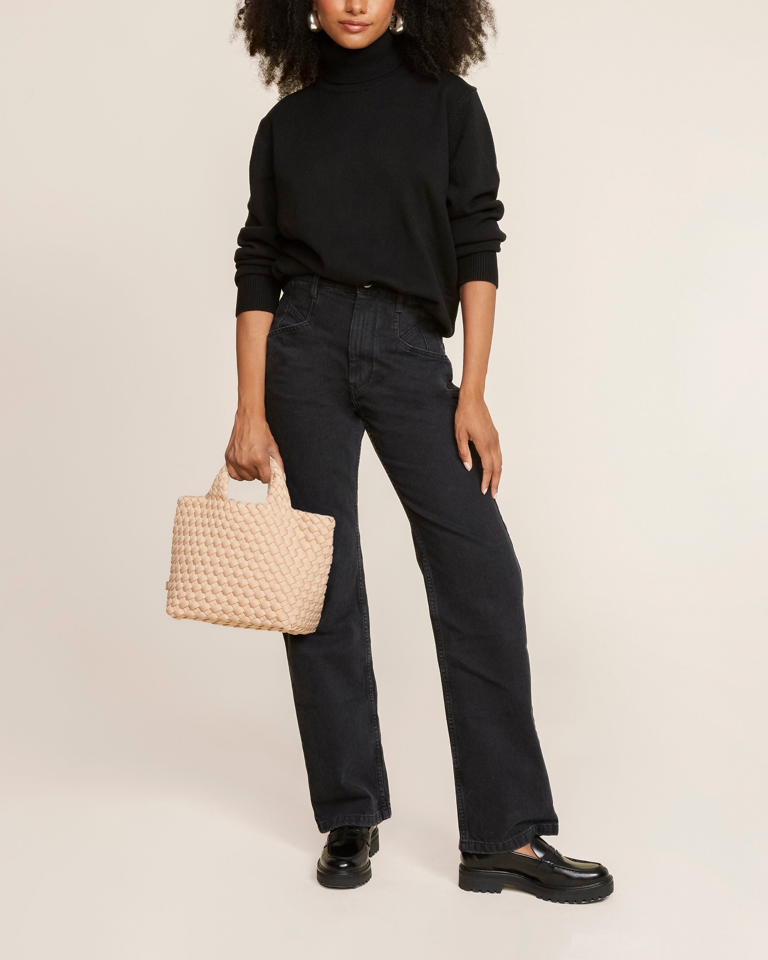 St. Barths Tote in Camel shown on model to illustrate scale and soft silhouette.