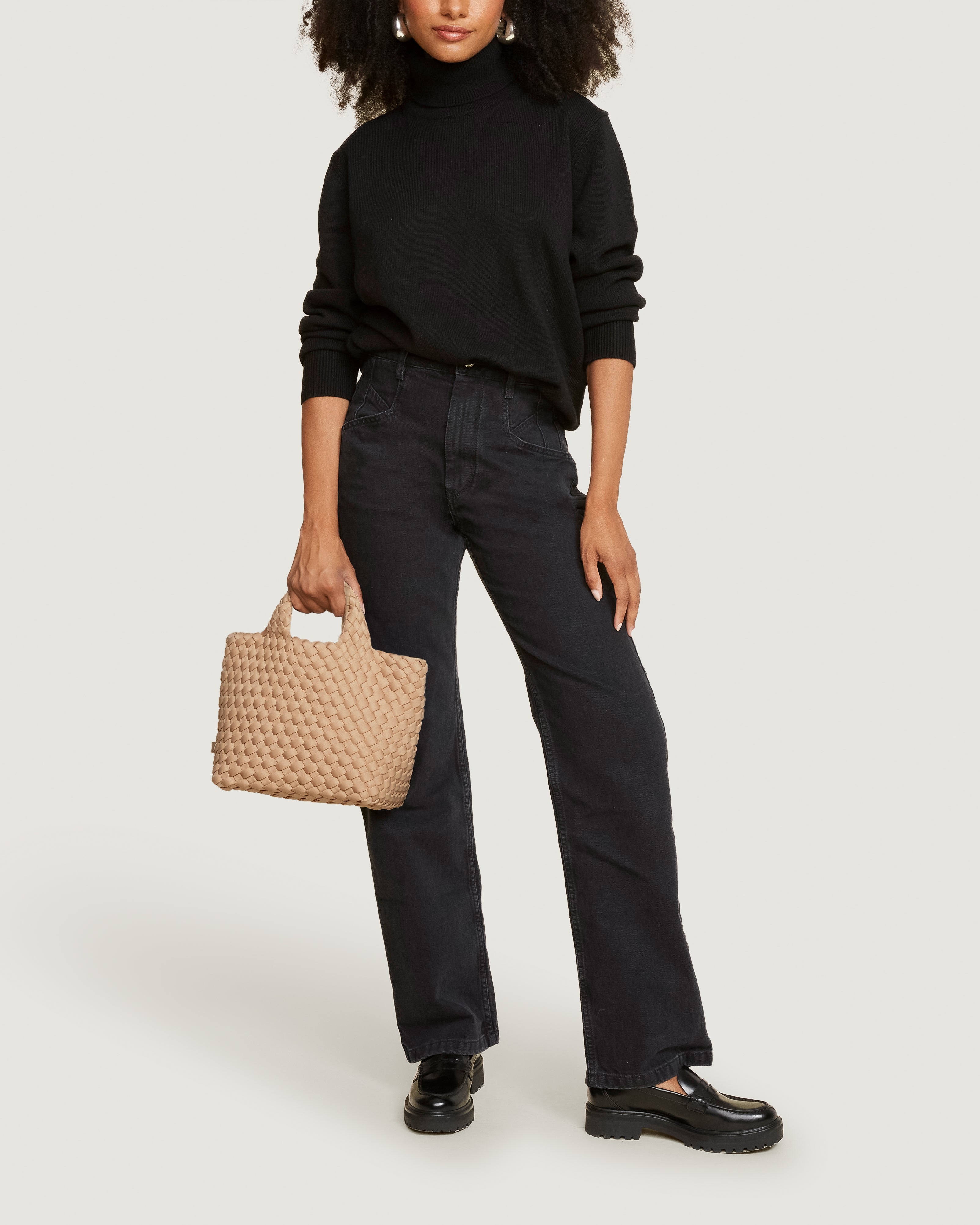 St. Barths Tote in Camel shown on model to illustrate scale and soft silhouette.