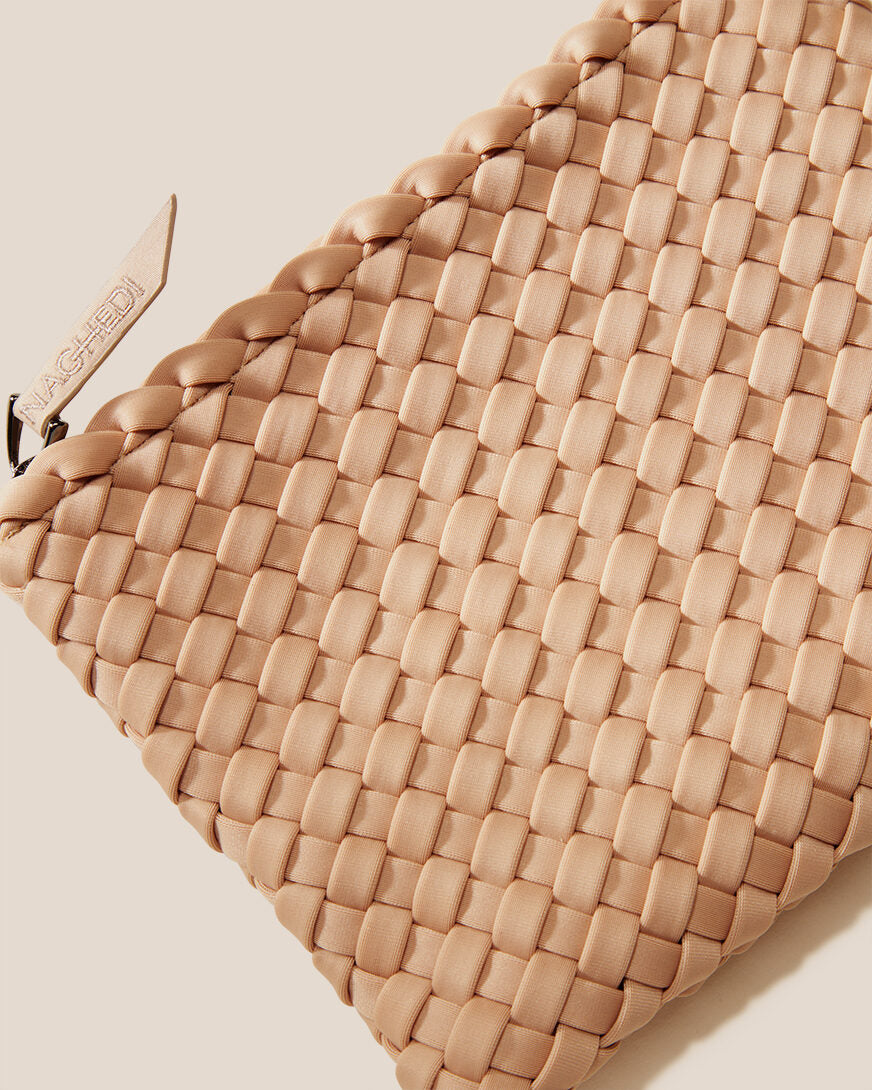 Close-up of included matching woven zippered pouch.