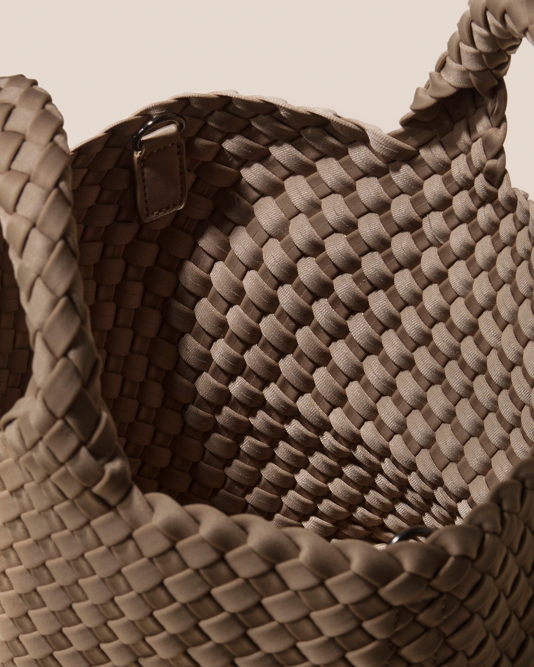 Interior close-up of St. Barths Tote in Cashmere showing its open top, and unlined interior.