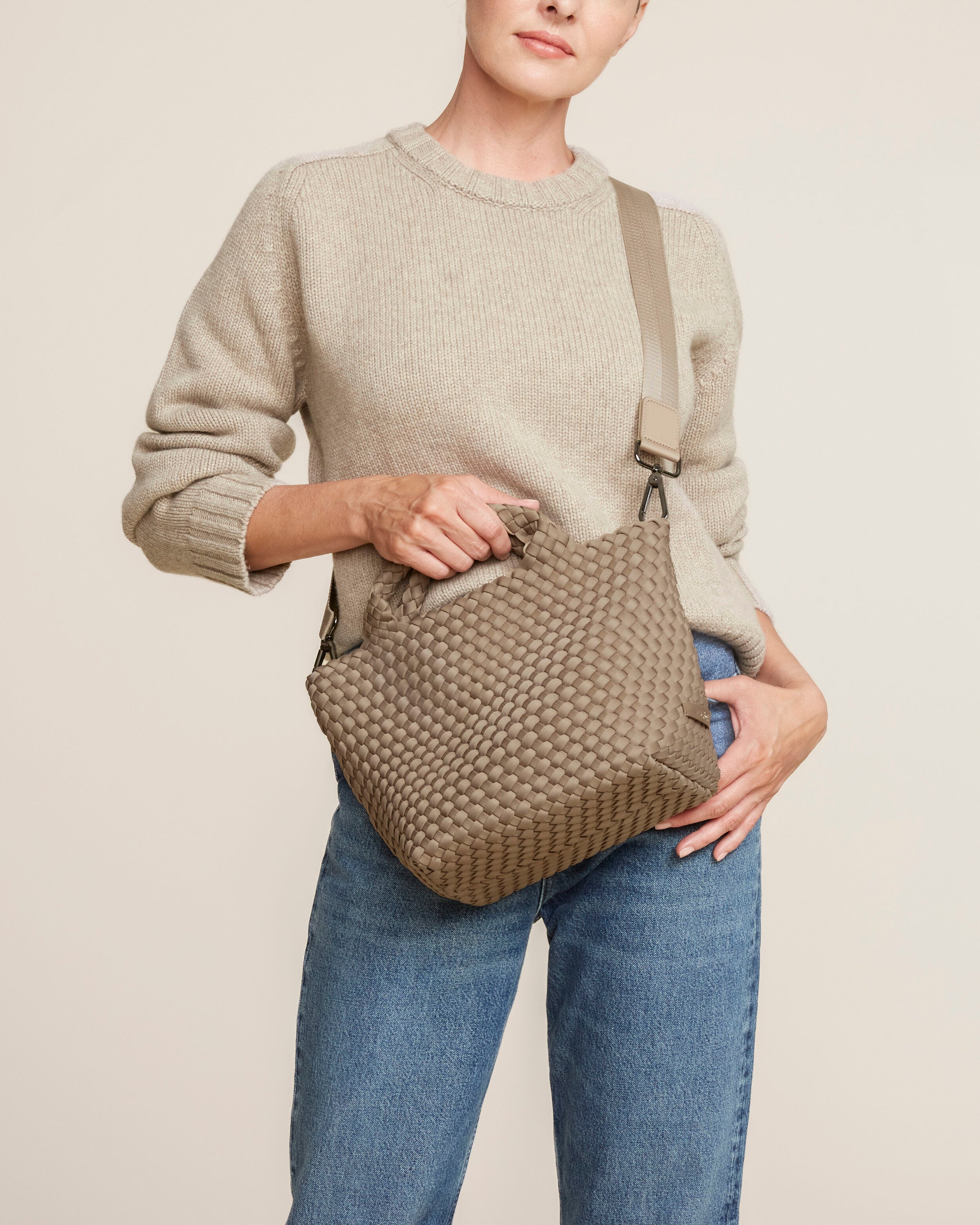 St. Barths Tote in Cashmere shown on model to illustrate scale and soft silhouette.