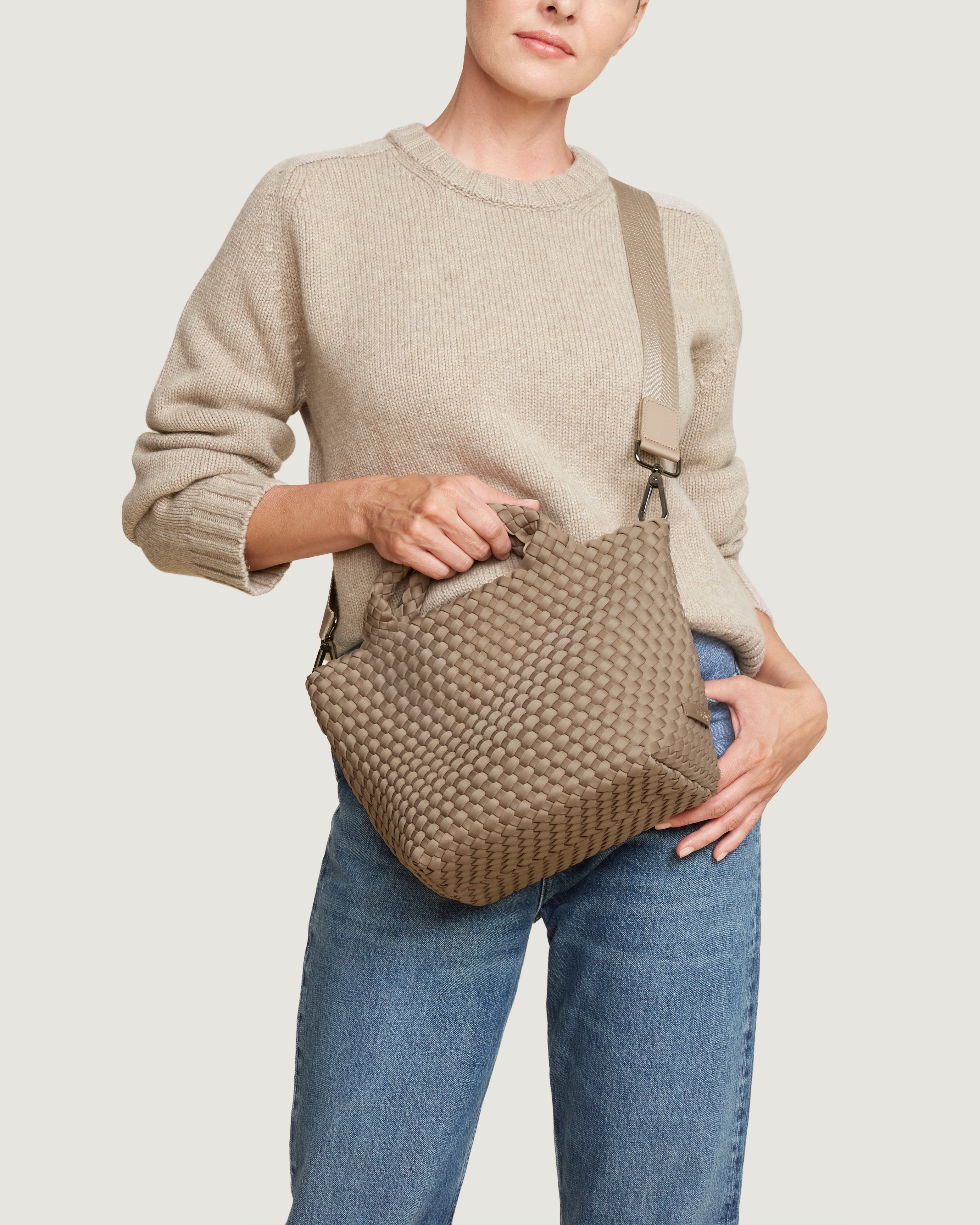St. Barths Tote in Cashmere shown on model to illustrate scale and soft silhouette.