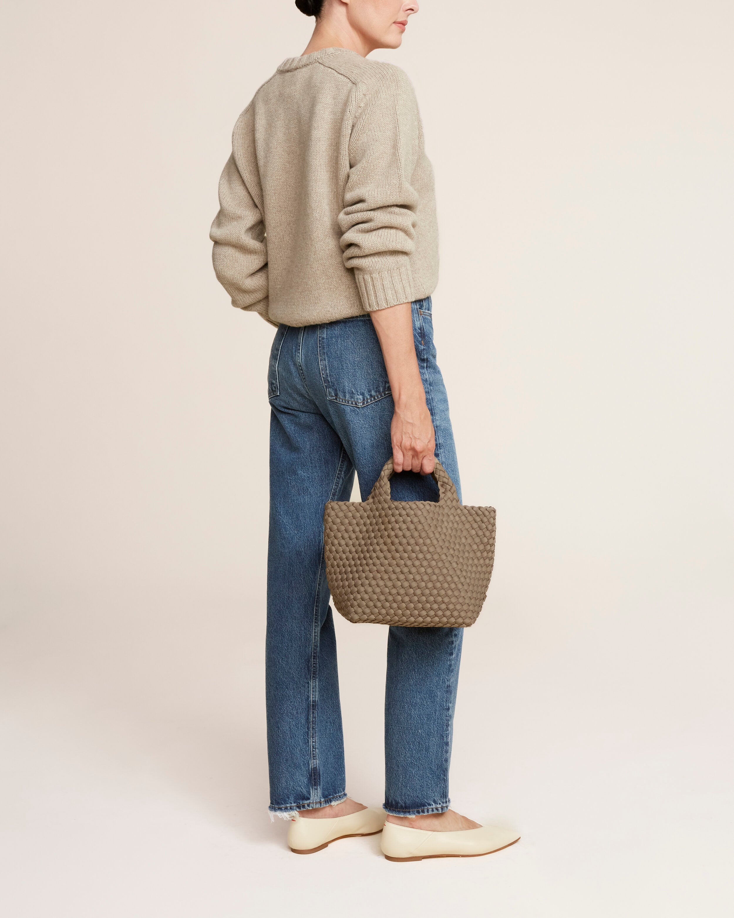 St. Barths Tote in Cashmere shown on model to illustrate scale and soft silhouette.