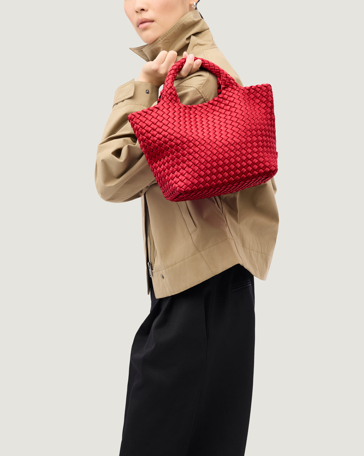 St. Barths Tote in Cerise shown on model to illustrate scale and soft silhouette.