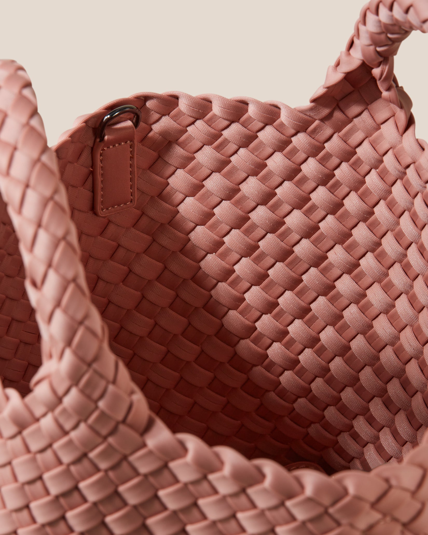 Interior close-up of St. Barths Small Tote Bag in Dusk showing its open top, and unlined interior.