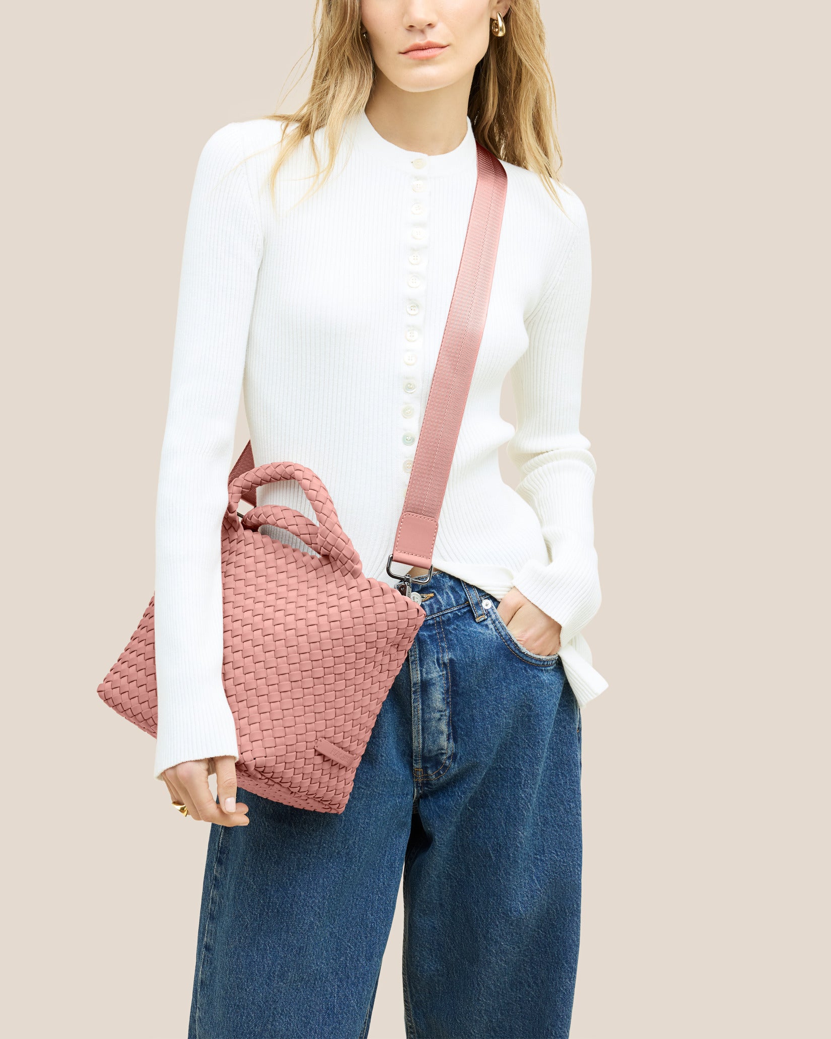St. Barths Small Tote Bag in Dusk shown on model to illustrate scale and soft silhouette.