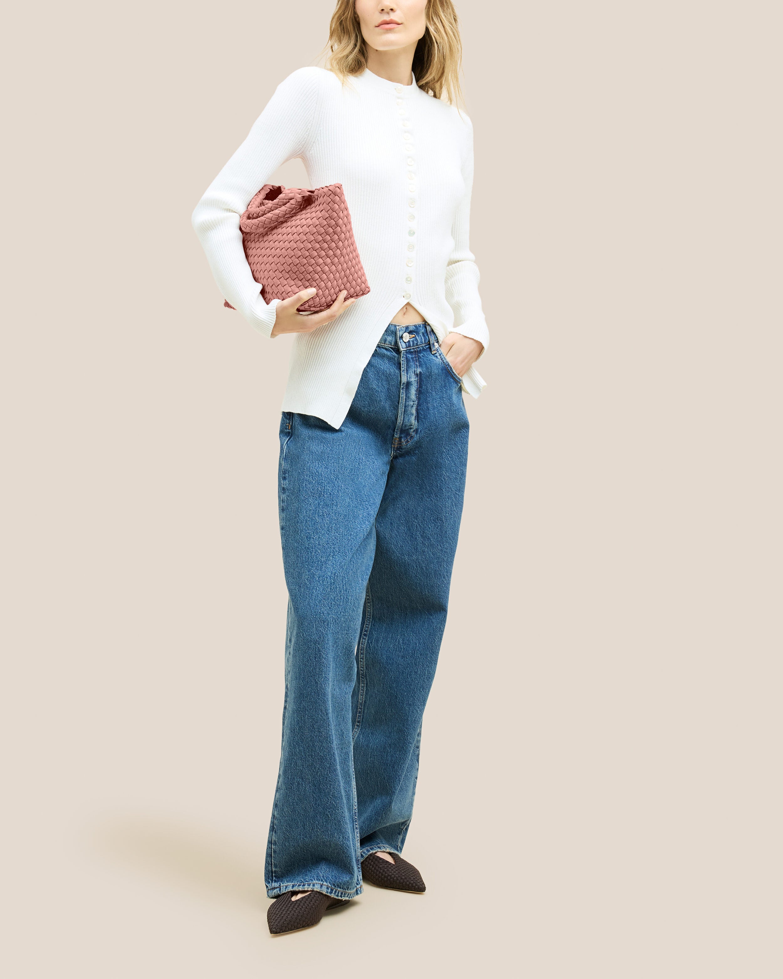 St. Barths Tote in Dusk shown on model to illustrate scale and soft silhouette.