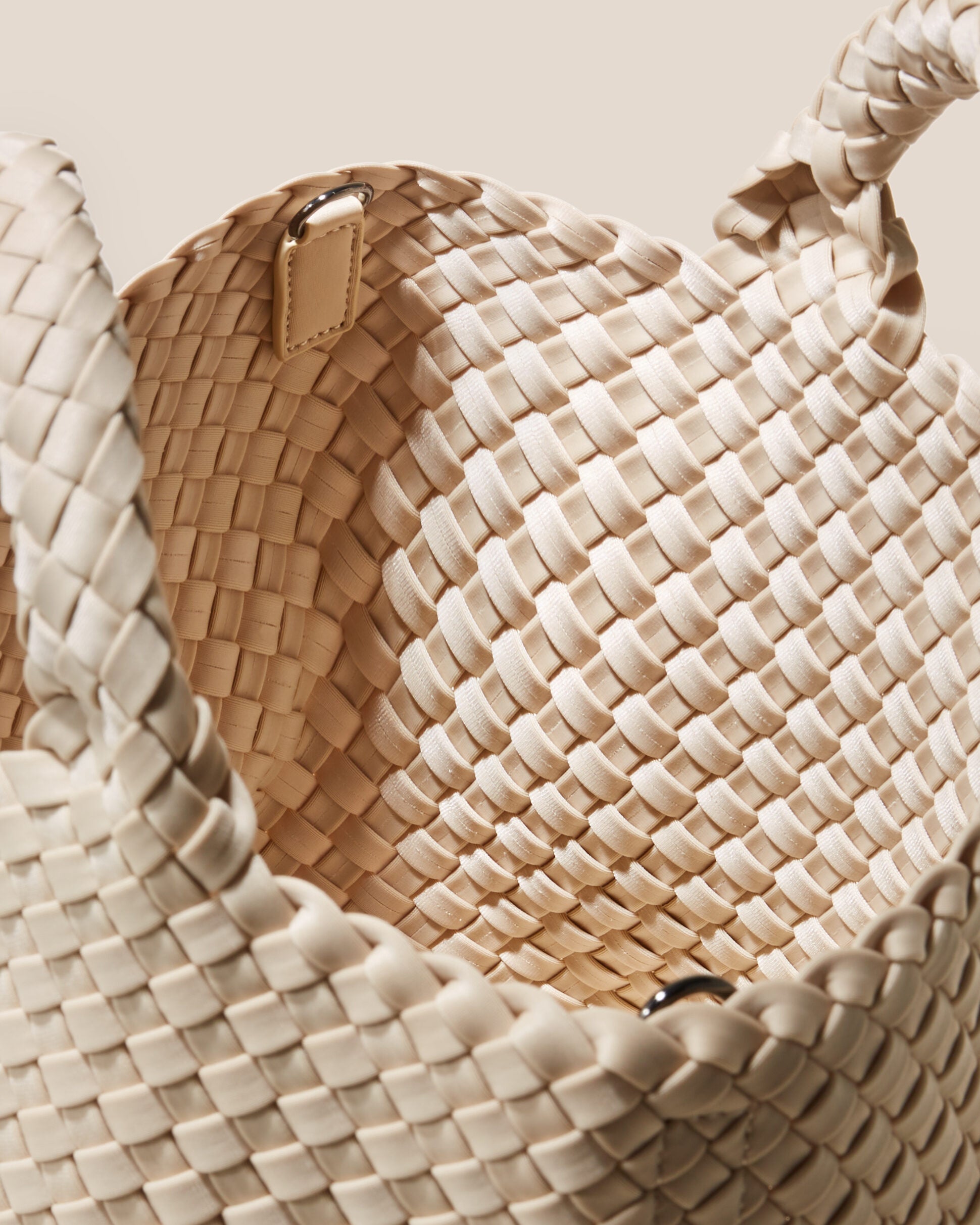 Interior close-up of St. Barths Tote in Ecru showing its open top, and unlined interior.