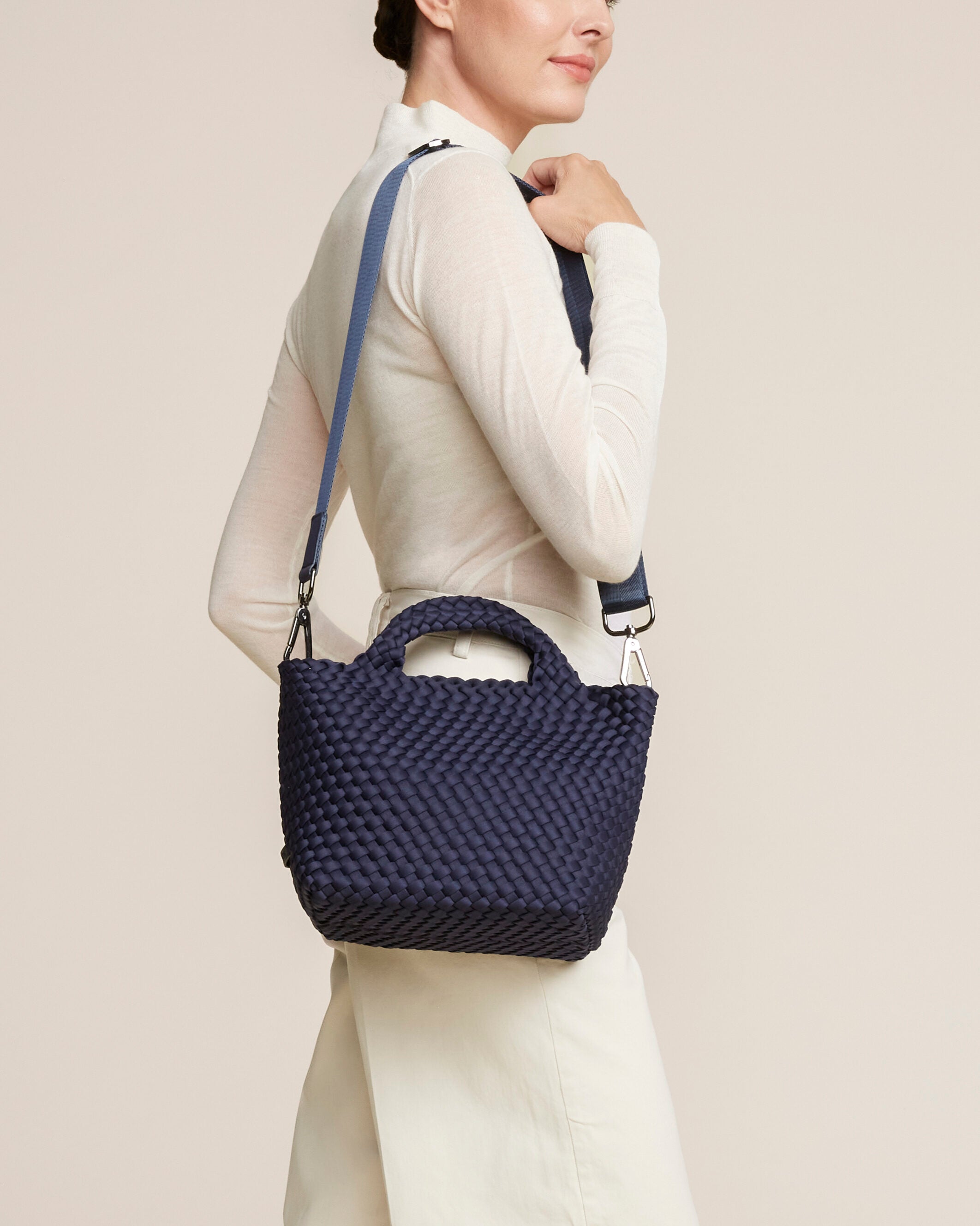 St. Barths Tote in Ink Blue shown on model to illustrate scale and soft silhouette.
