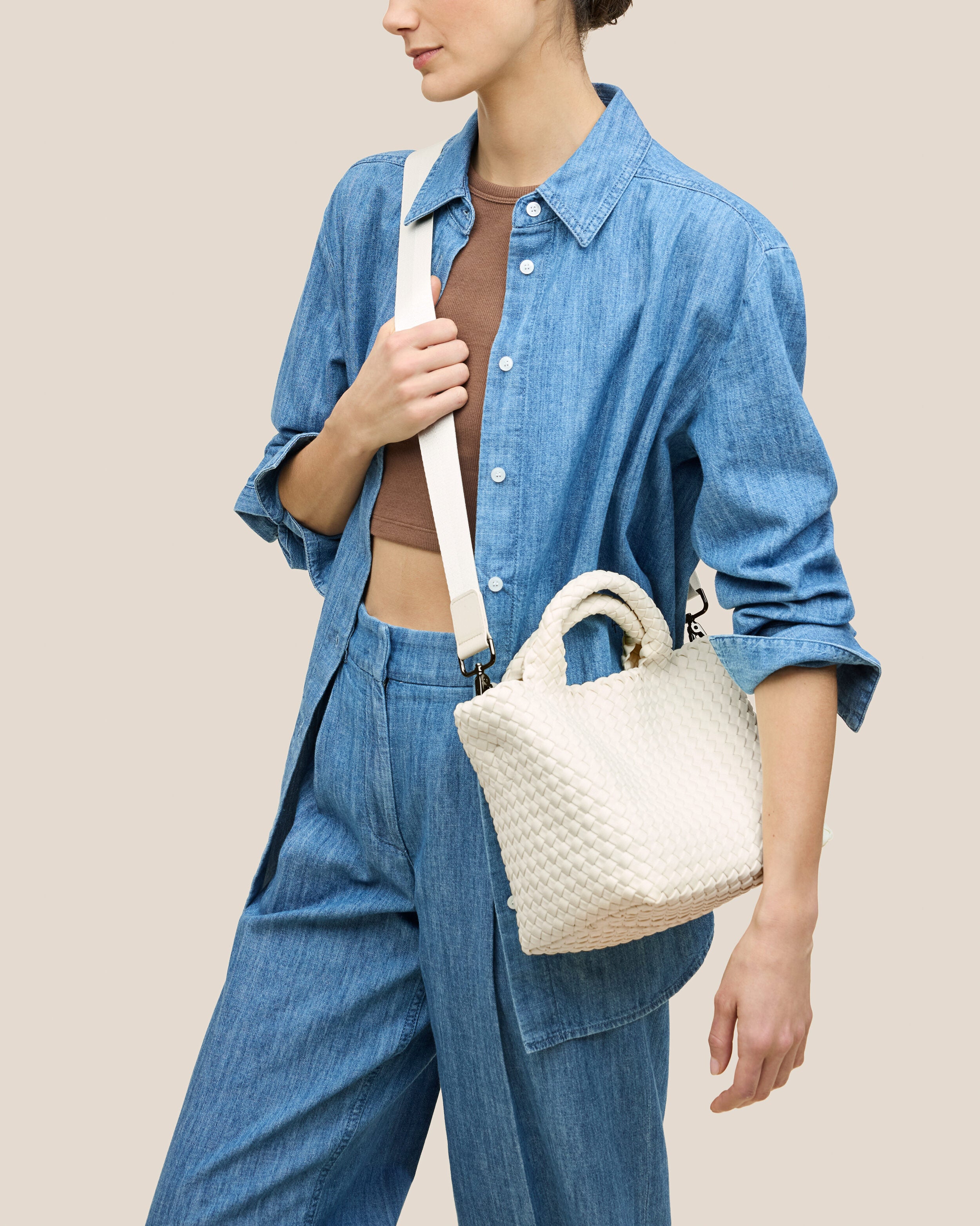 St. Barths Tote in Jasmine shown on model to illustrate scale and soft silhouette.