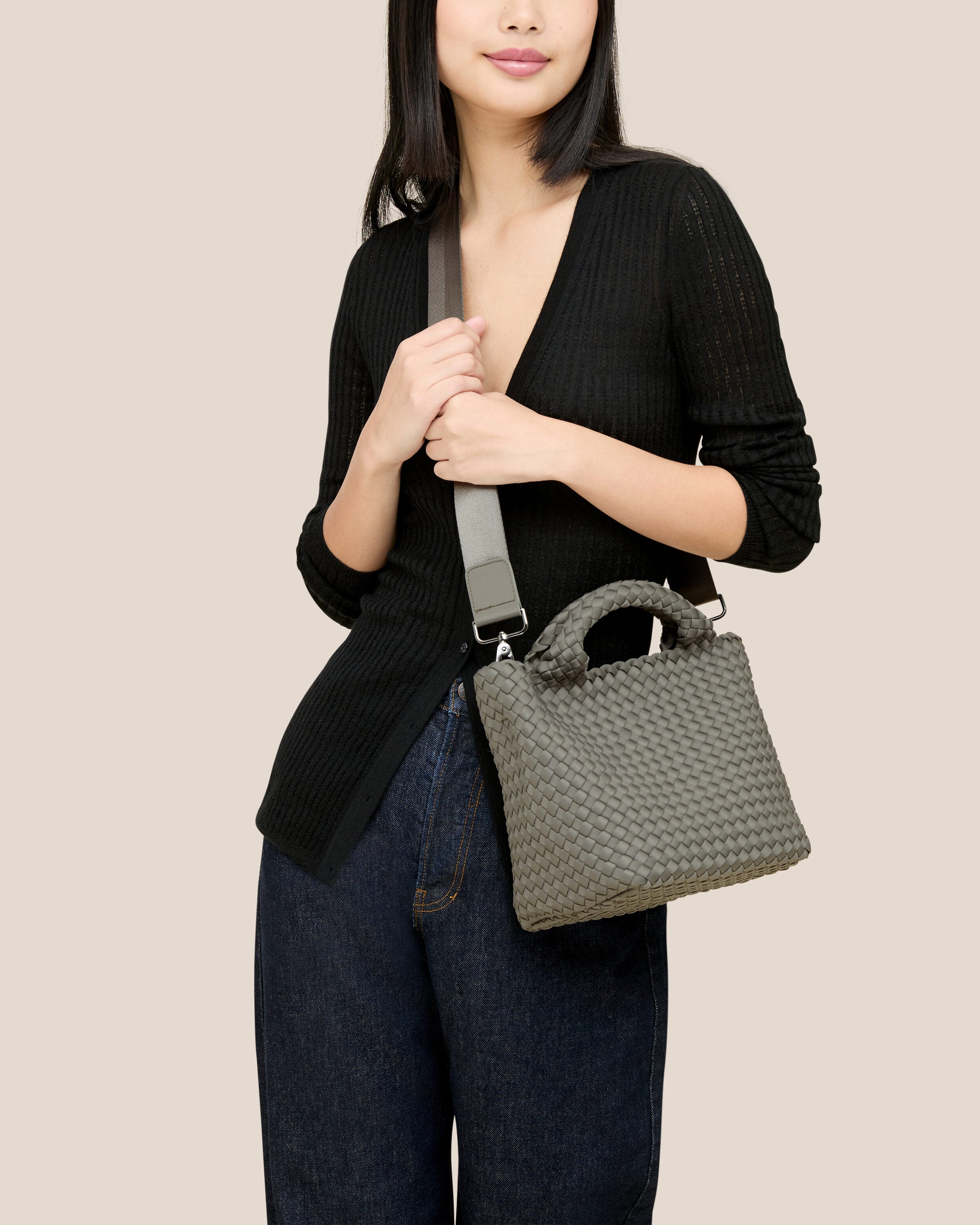 St. Barths Tote in Laurel shown on model to illustrate scale and soft silhouette.