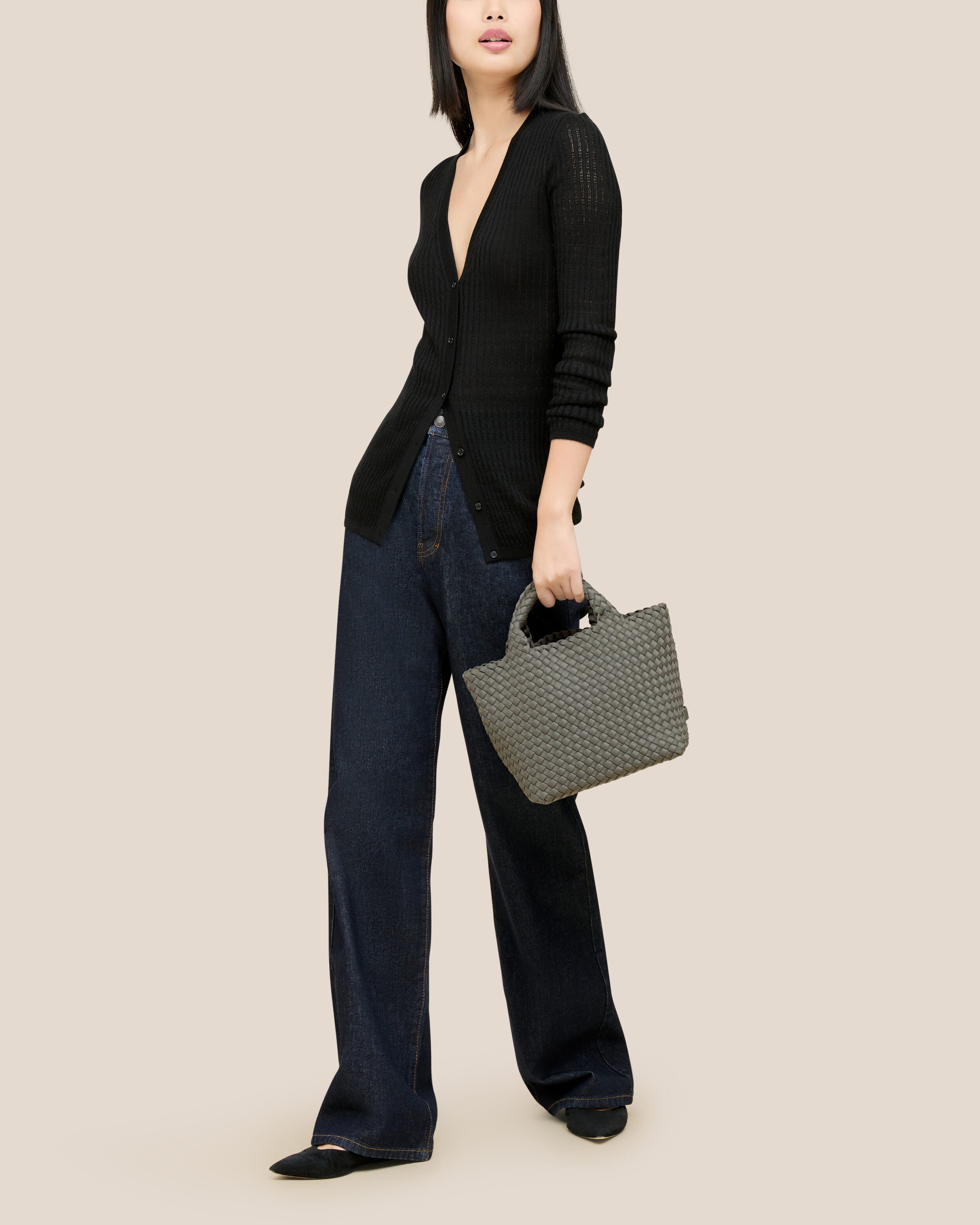 St. Barths Tote in Laurel shown on model to illustrate scale and soft silhouette.