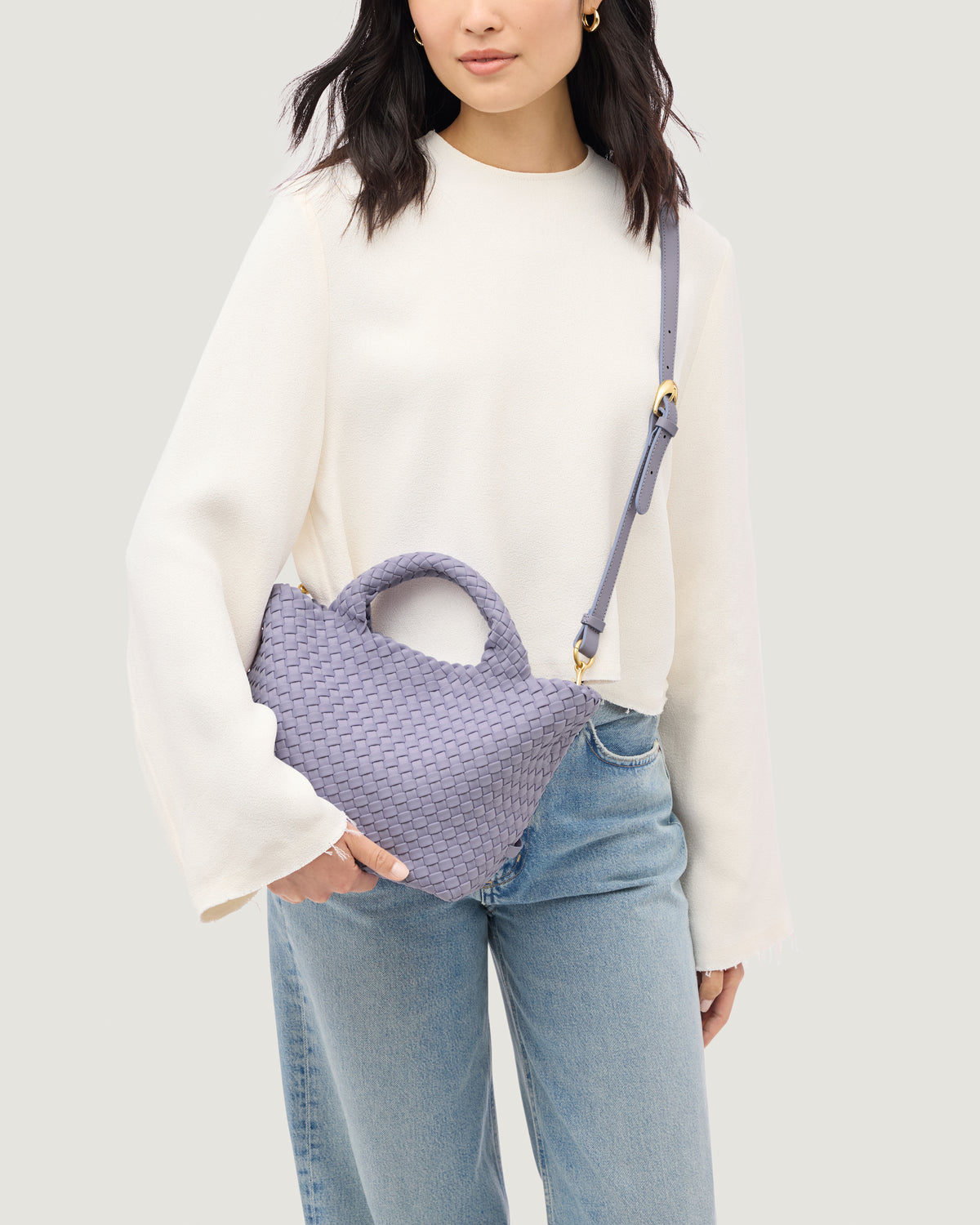 St. Barths Tote in Lilac shown on model to illustrate scale and soft silhouette.