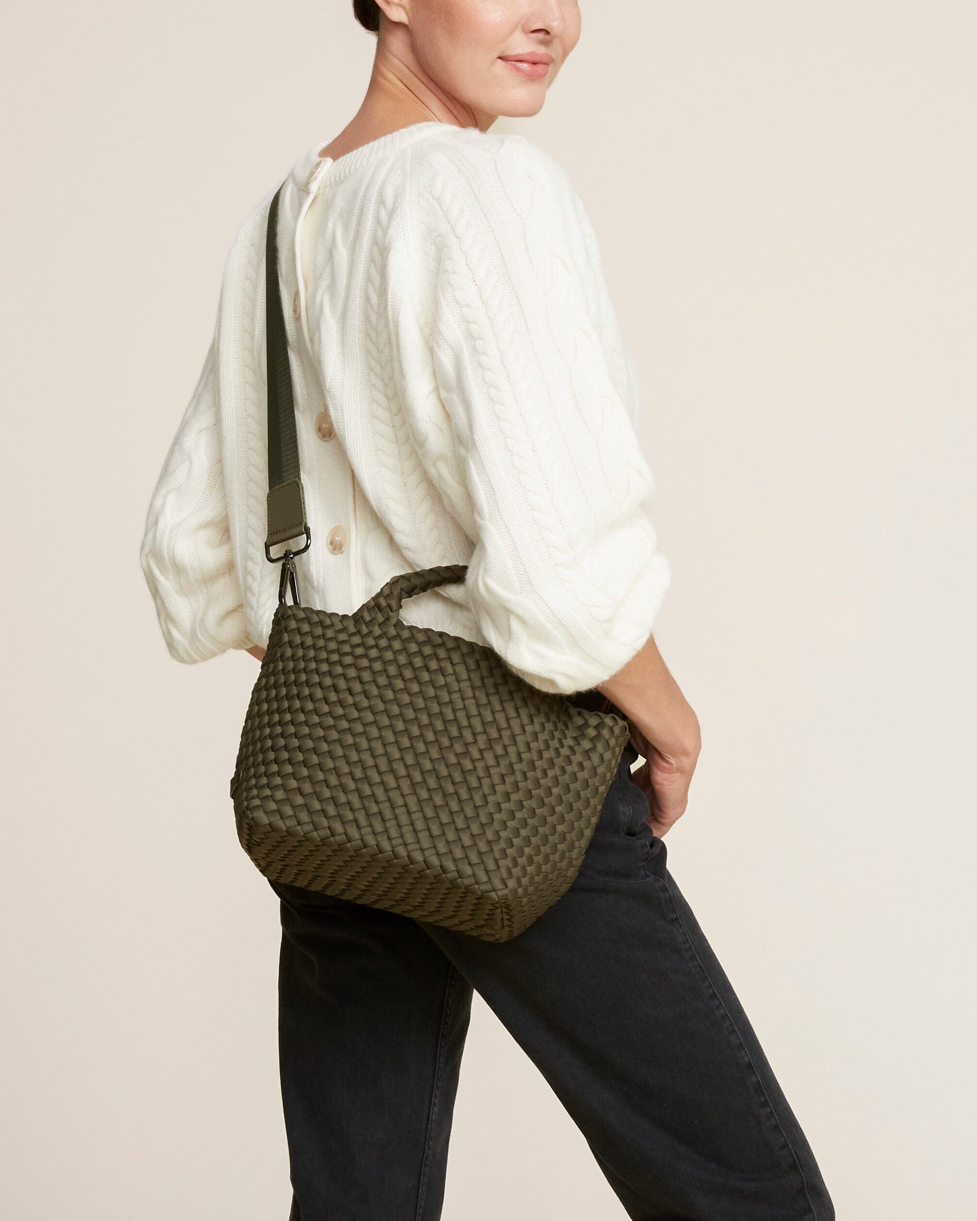 St. Barths Tote in Olive shown on model to illustrate scale and soft silhouette.