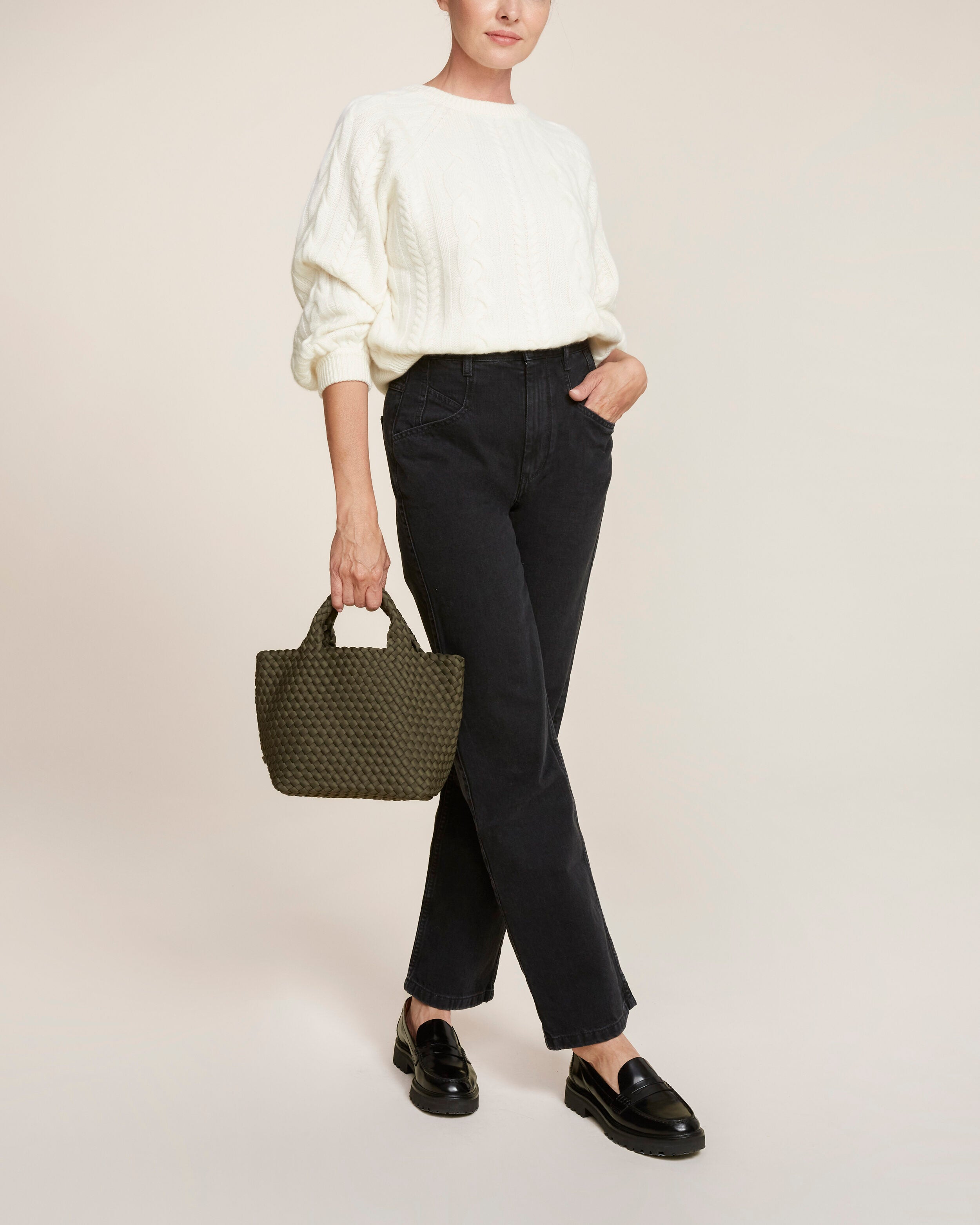 St. Barths Tote in Olive shown on model to illustrate scale and soft silhouette.