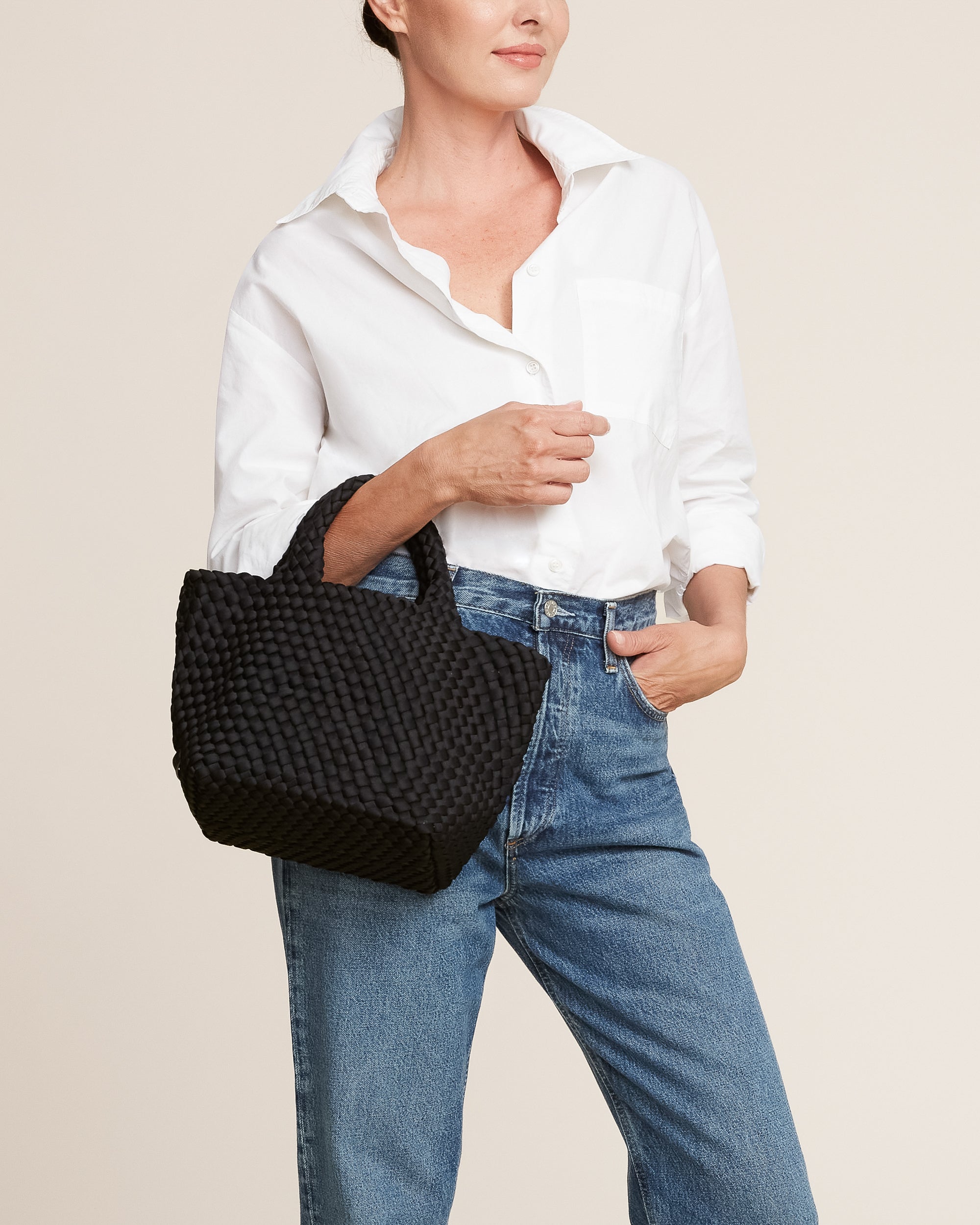 St. Barths Small Tote in Onyx | On Model Close Up