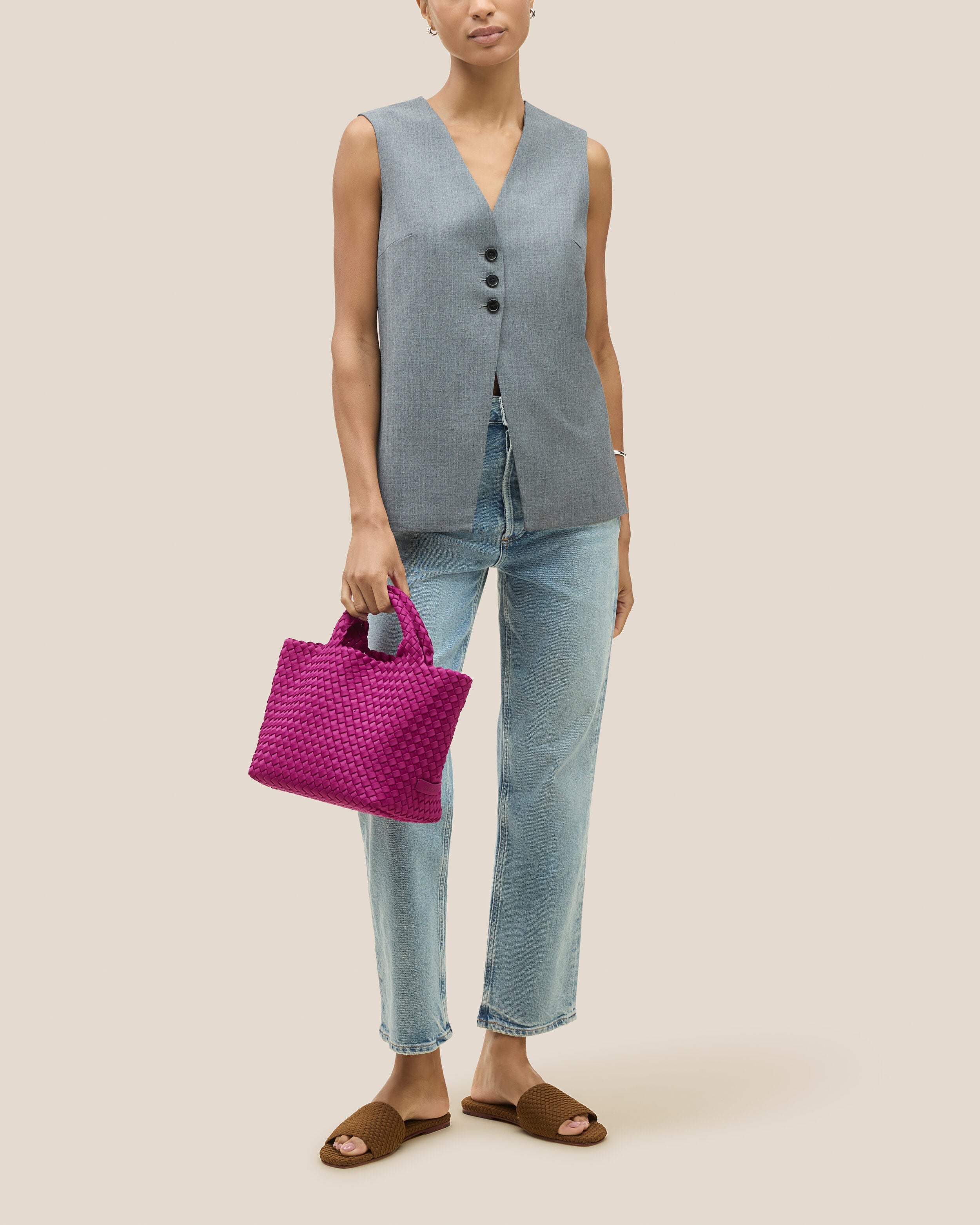 St. Barths Tote in Rio shown on model to illustrate scale and soft silhouette.