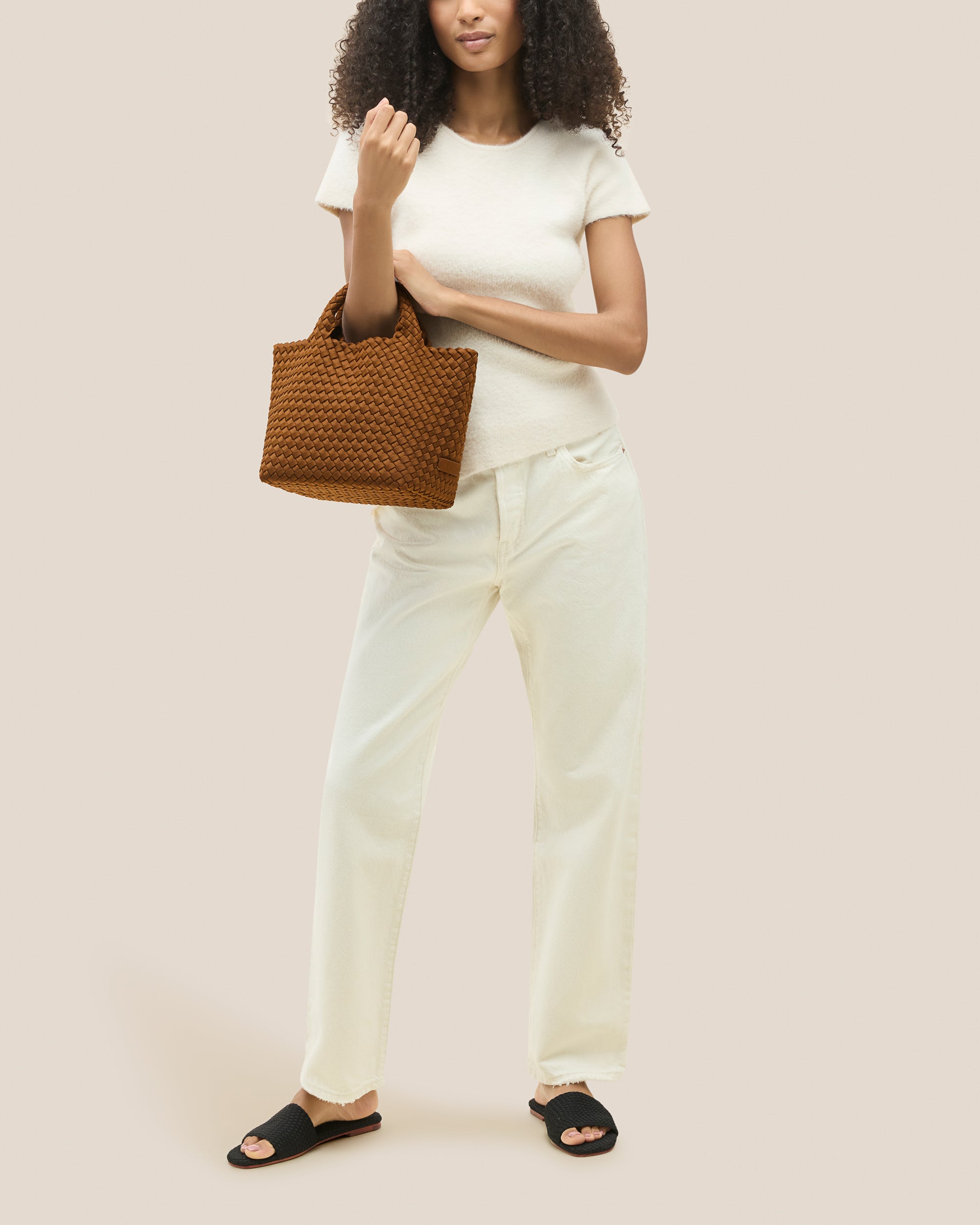 St. Barths Small Tote in Teak | On Model Full Body