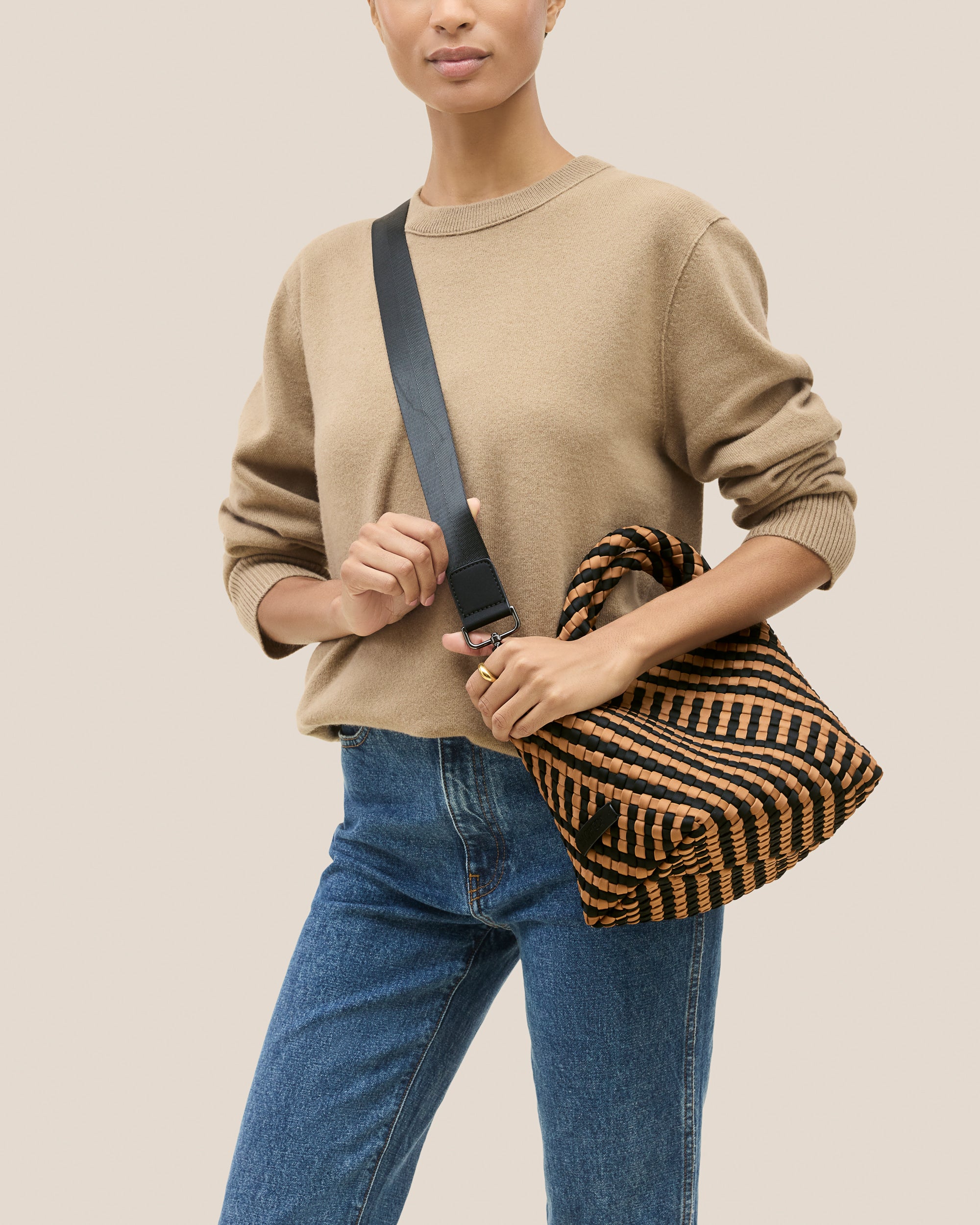 St. Barths Small Tote Striped Geo in Ravenna | On Model Close Up