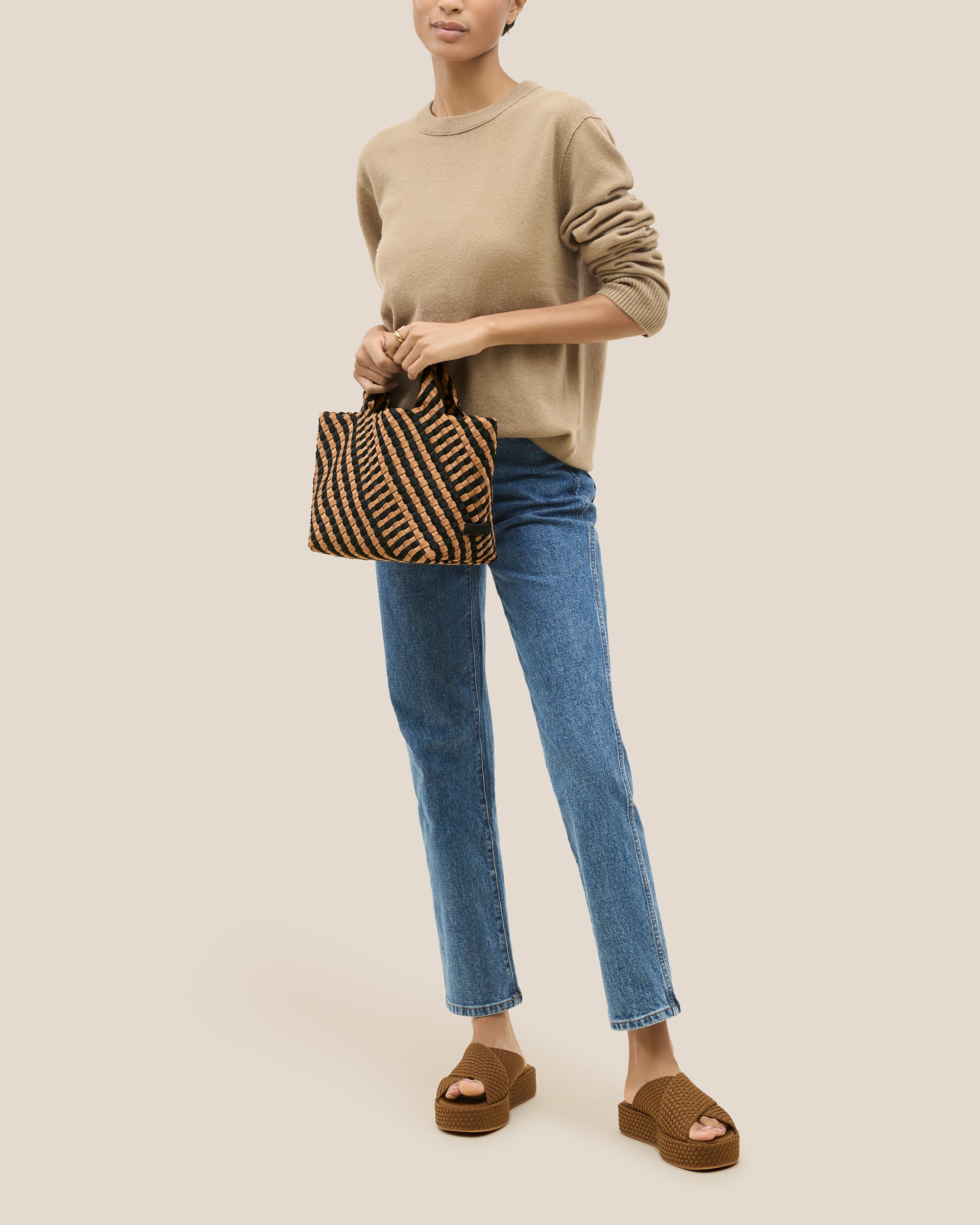 St. Barths Small Tote Striped Geo in Ravenna | On Model Full Body