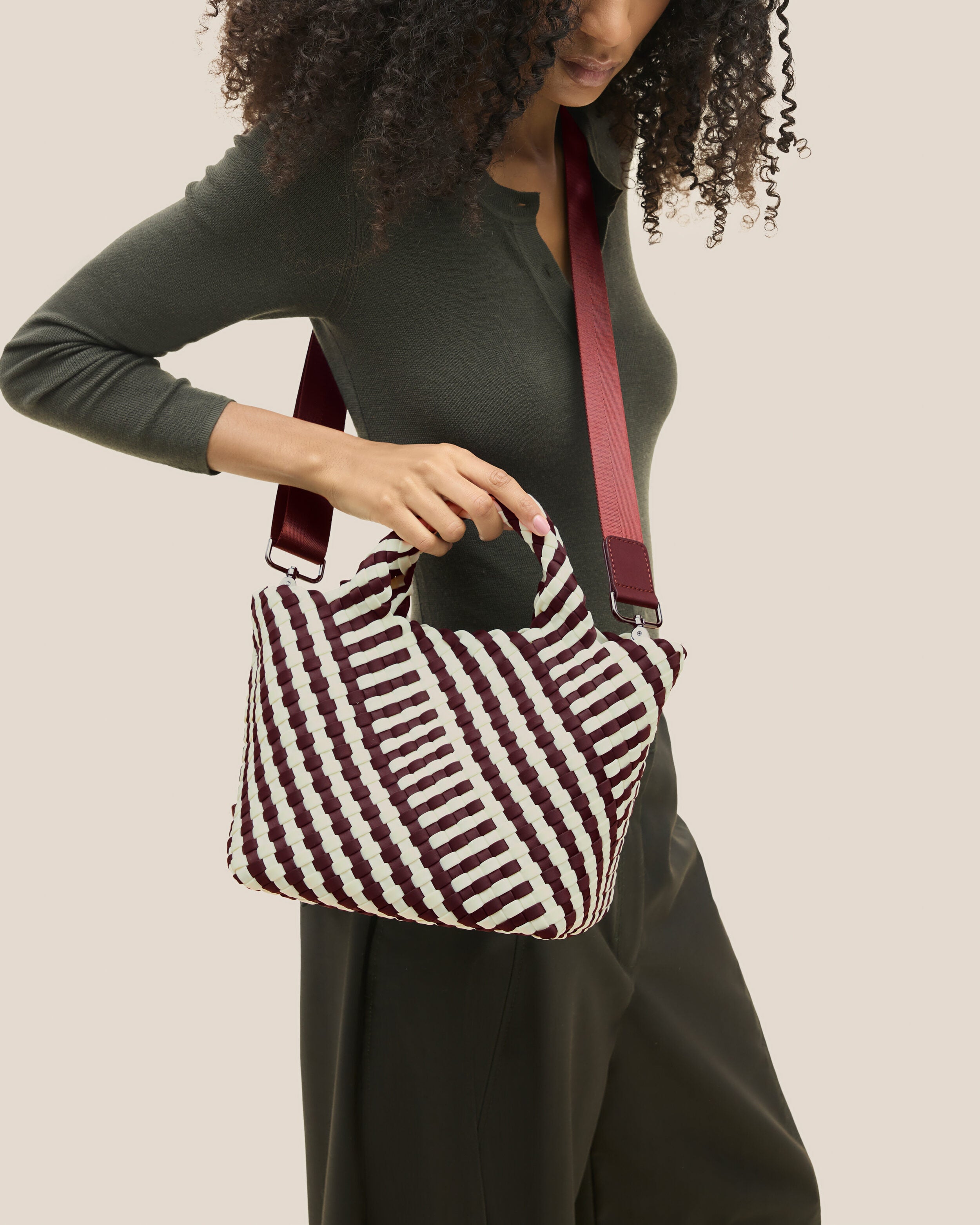 St. Barths Tote in Roma shown on model to illustrate scale and soft silhouette.