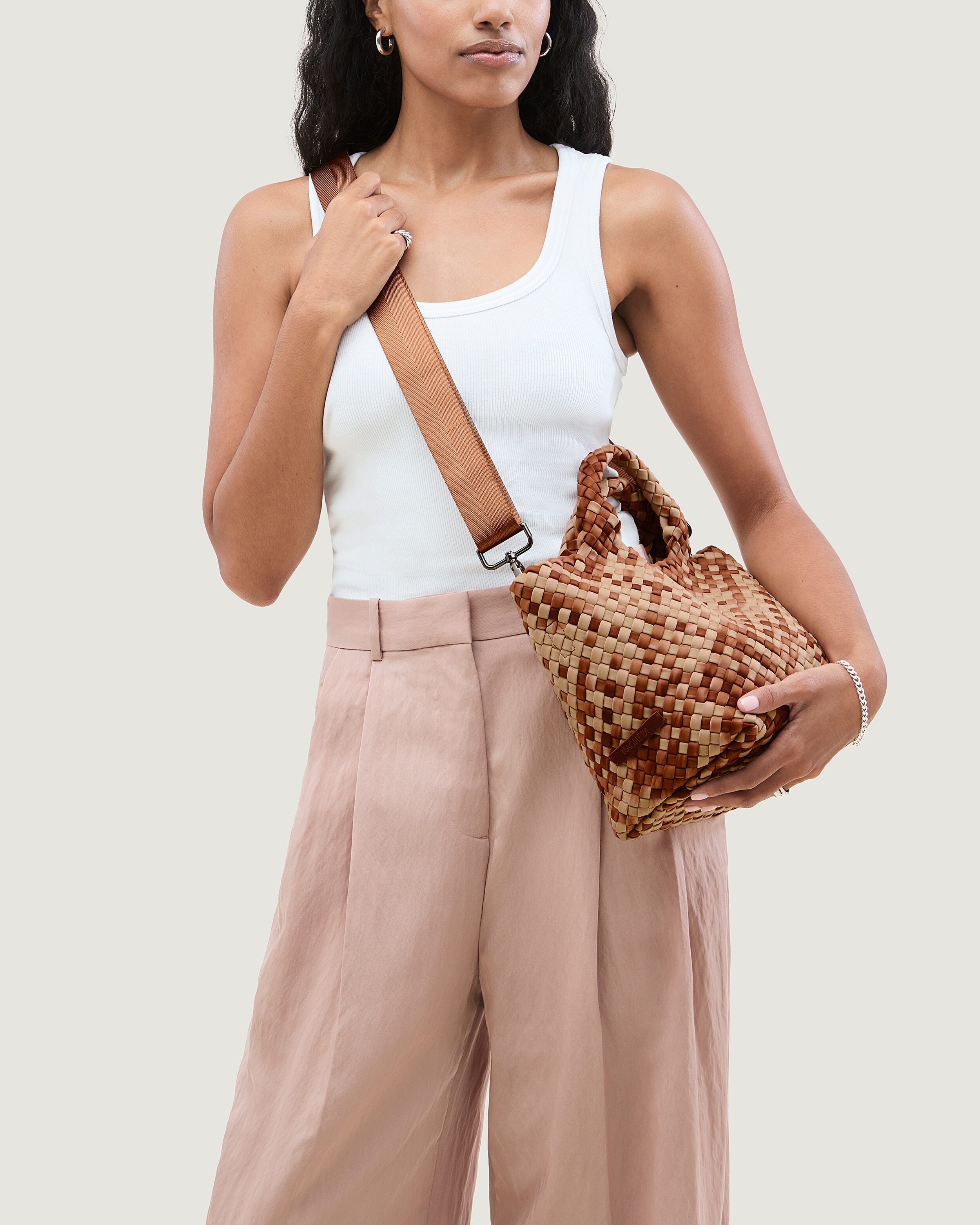 St. Barths Tote in Fez shown on model to illustrate scale and soft silhouette.