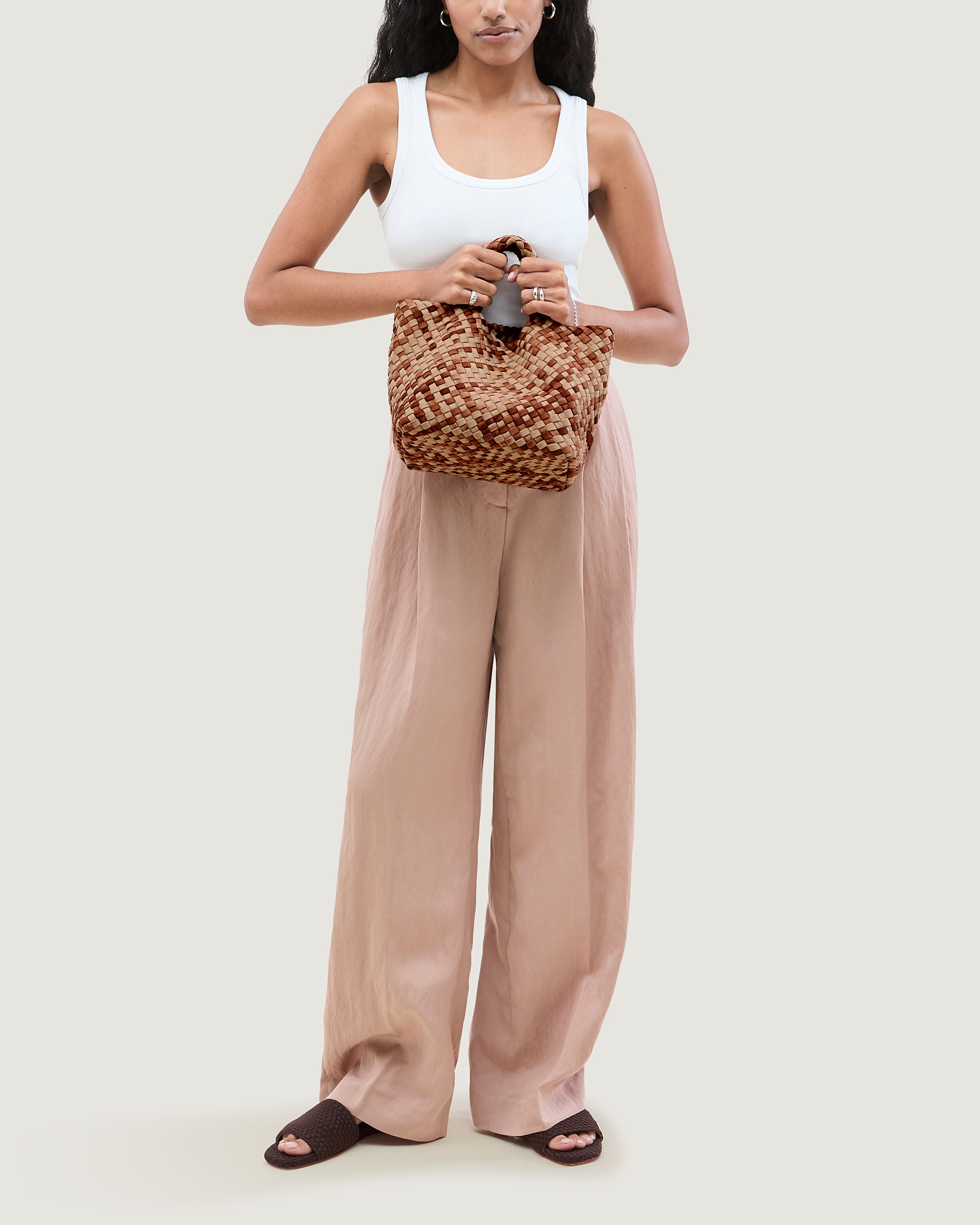 St. Barths Tote in Fez shown on model to illustrate scale and soft silhouette.