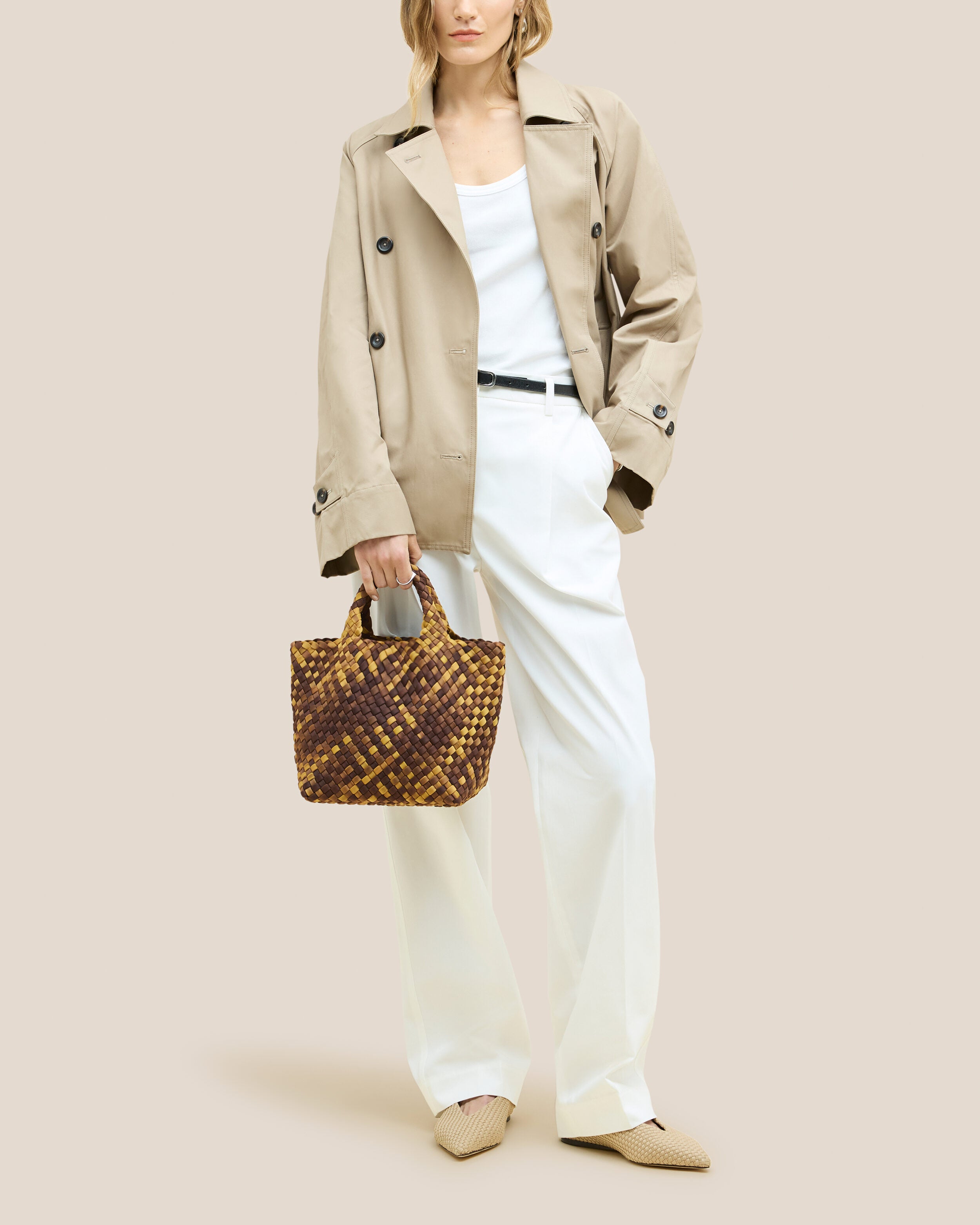 St. Barths Tote in Tortoiseshell shown on model to illustrate scale and soft silhouette.