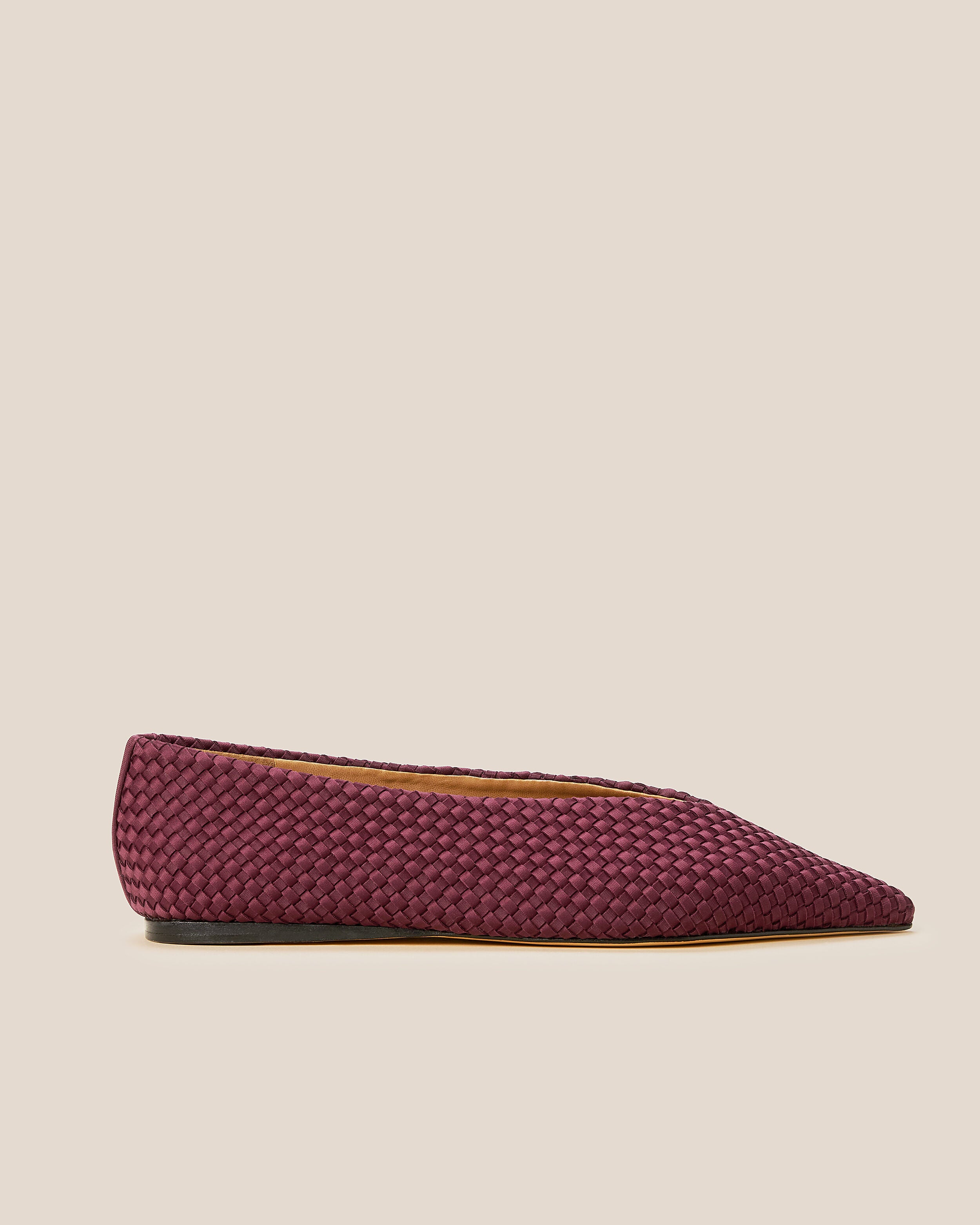Side view of Strada  in Bordeaux, a rich burgundy tone, featuring a closed toe and pointed silhouette.