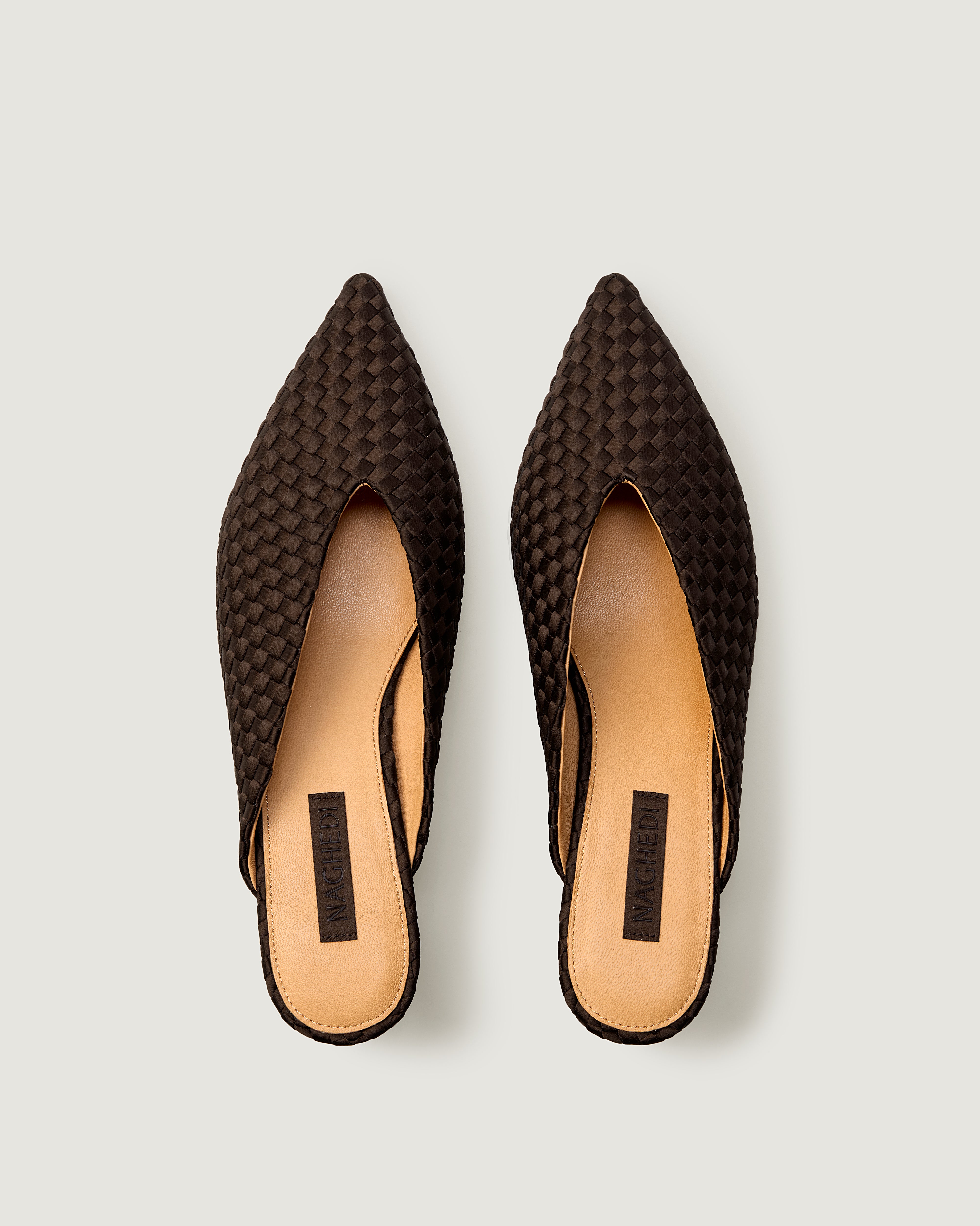 Top view of pair of Strada in Chocolate showing the handwoven neoprene insole.
