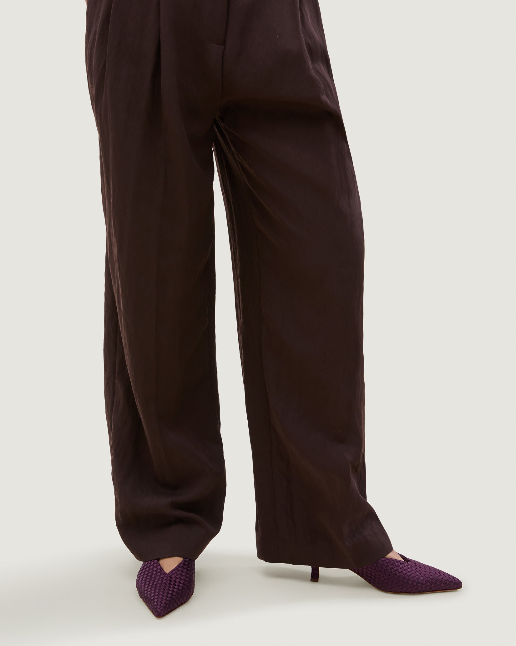 Strada Satin Kitten Heel in Currant shown on model.