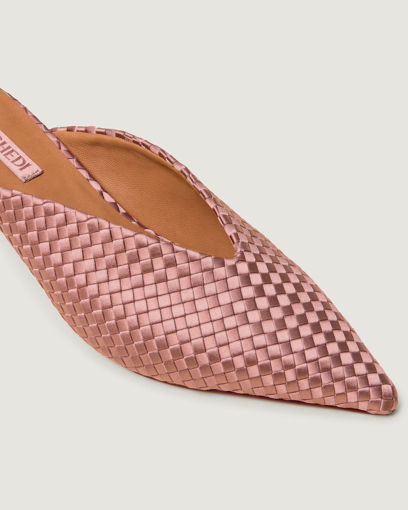 Close-up of Strada Satin Kitten Heel in Daphne showing its closed toe and pointed silhouette.