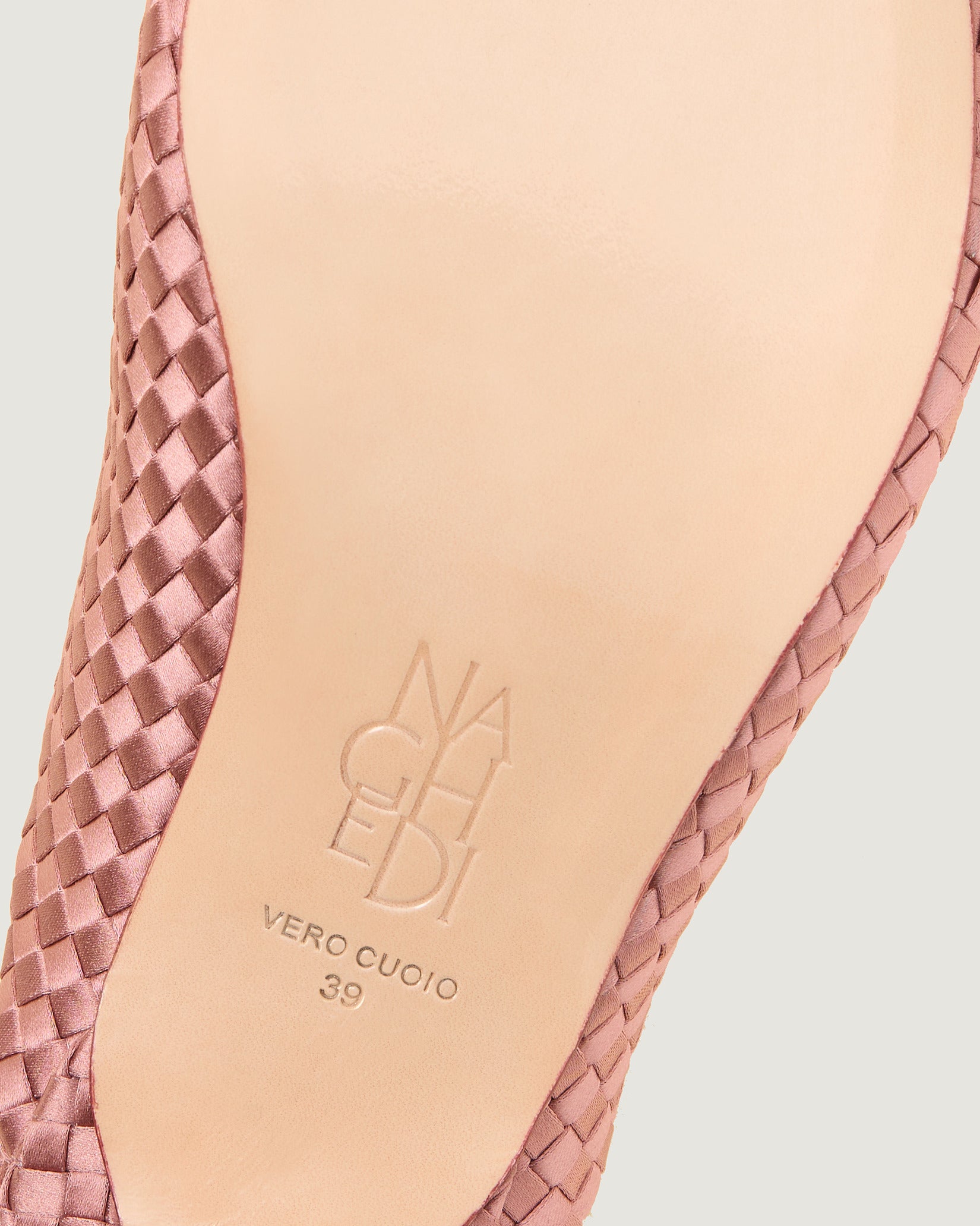 Shoe sole showing stamped NAGHEDI logo and size detail for Strada Satin Kitten Heel in Daphne.