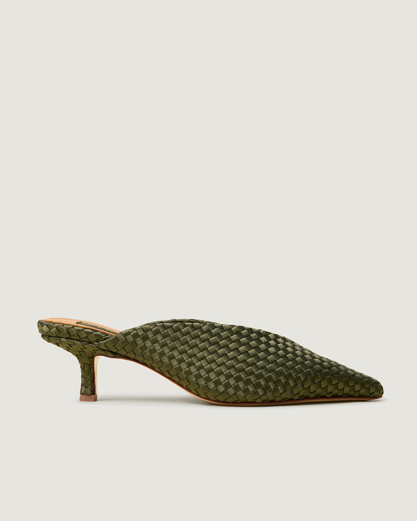 Side view of Strada Satin Kitten Heel in Juniper, a forest green  tone, featuring a closed toe and pointed silhouette.