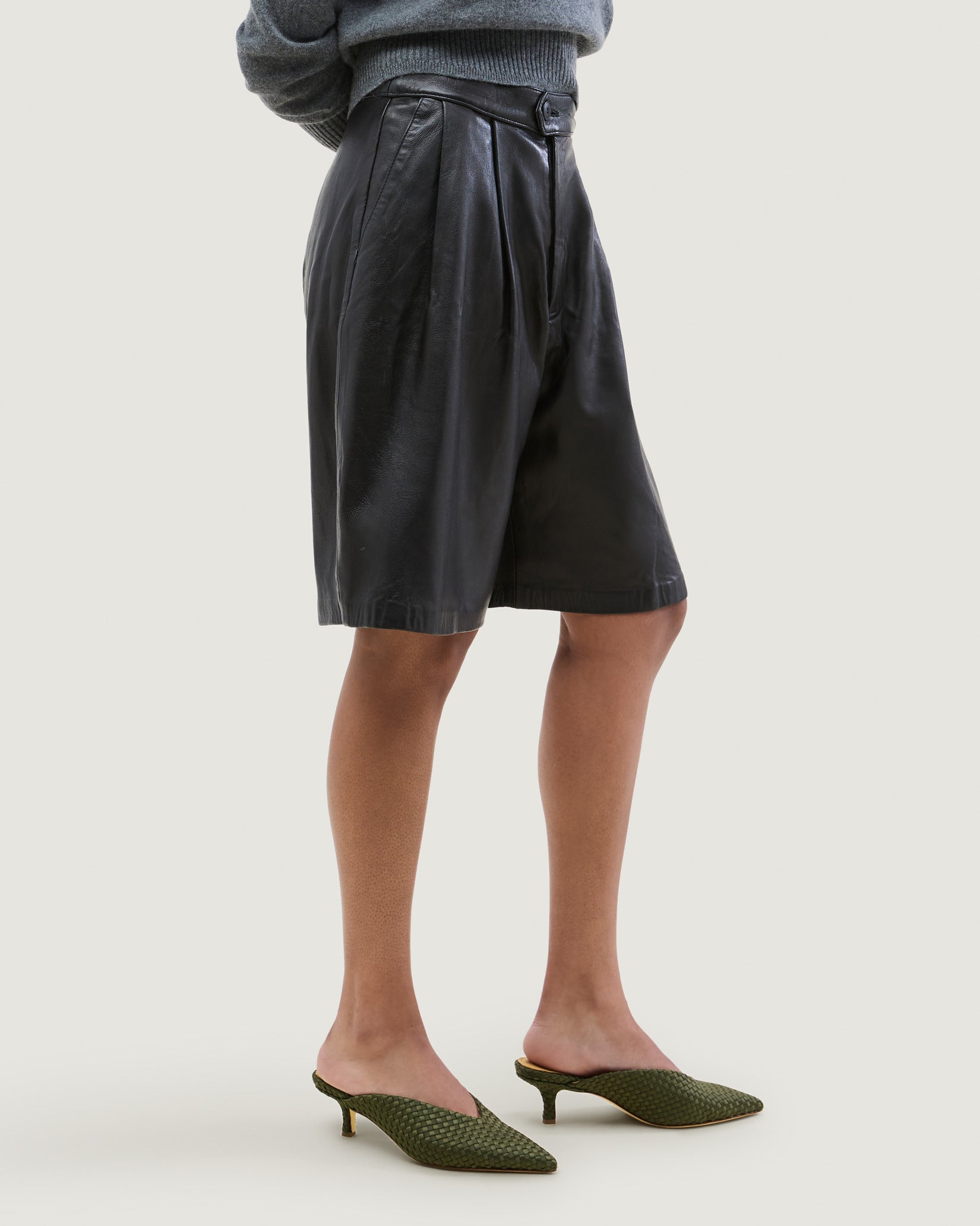 Strada Satin Kitten Heel in Juniper shown on model.