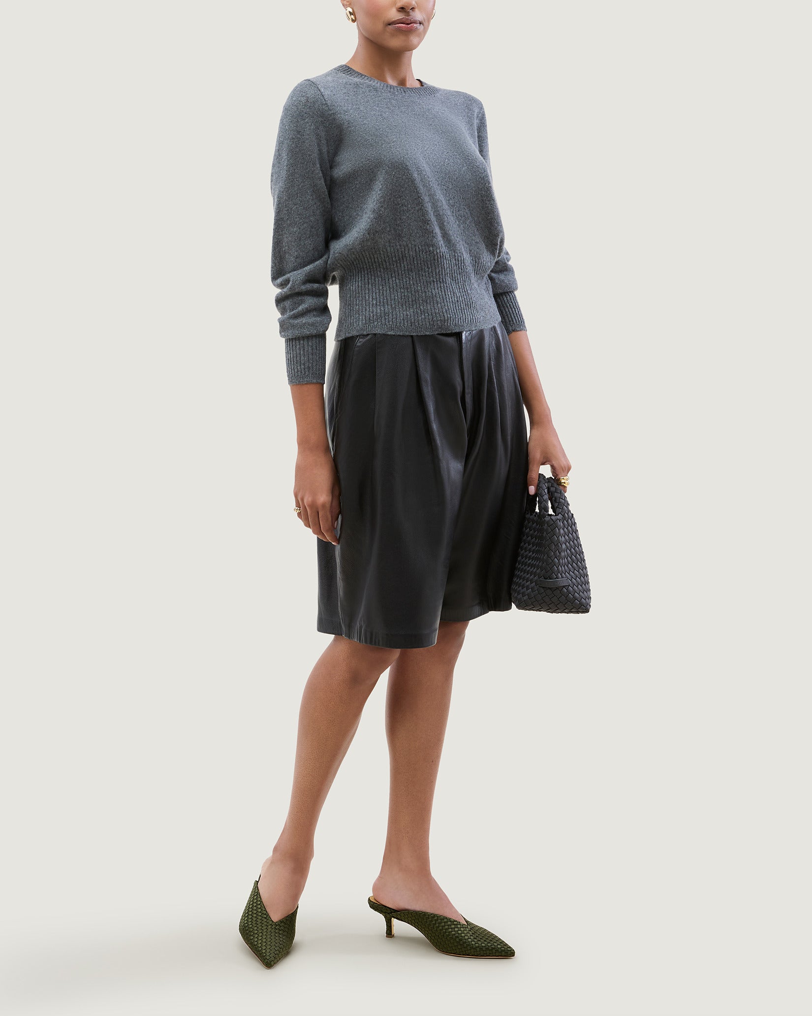 Strada Satin Kitten Heel in Juniper shown on model.
