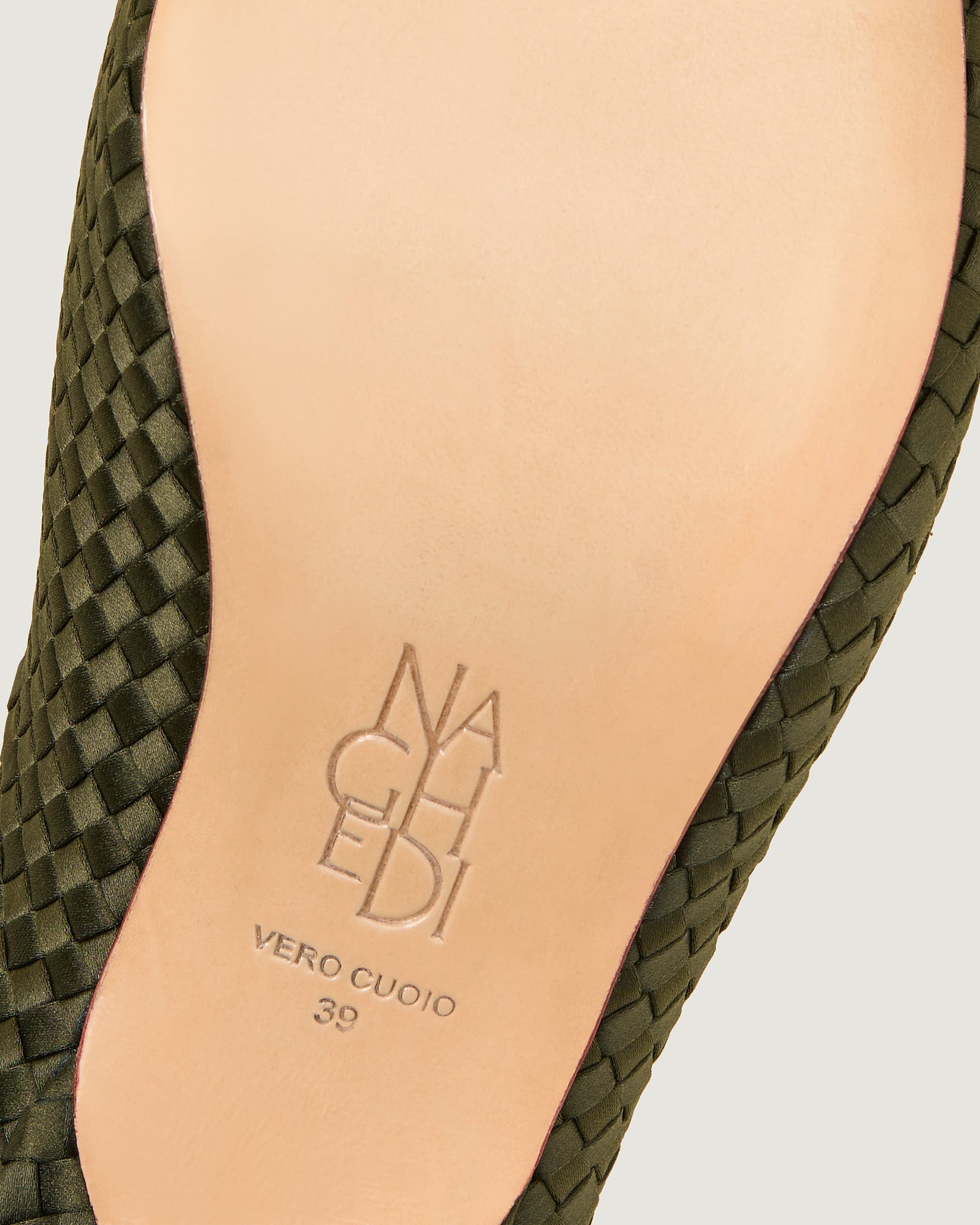 Shoe sole showing stamped NAGHEDI logo and size detail for Strada Satin Kitten Heel in Juniper.