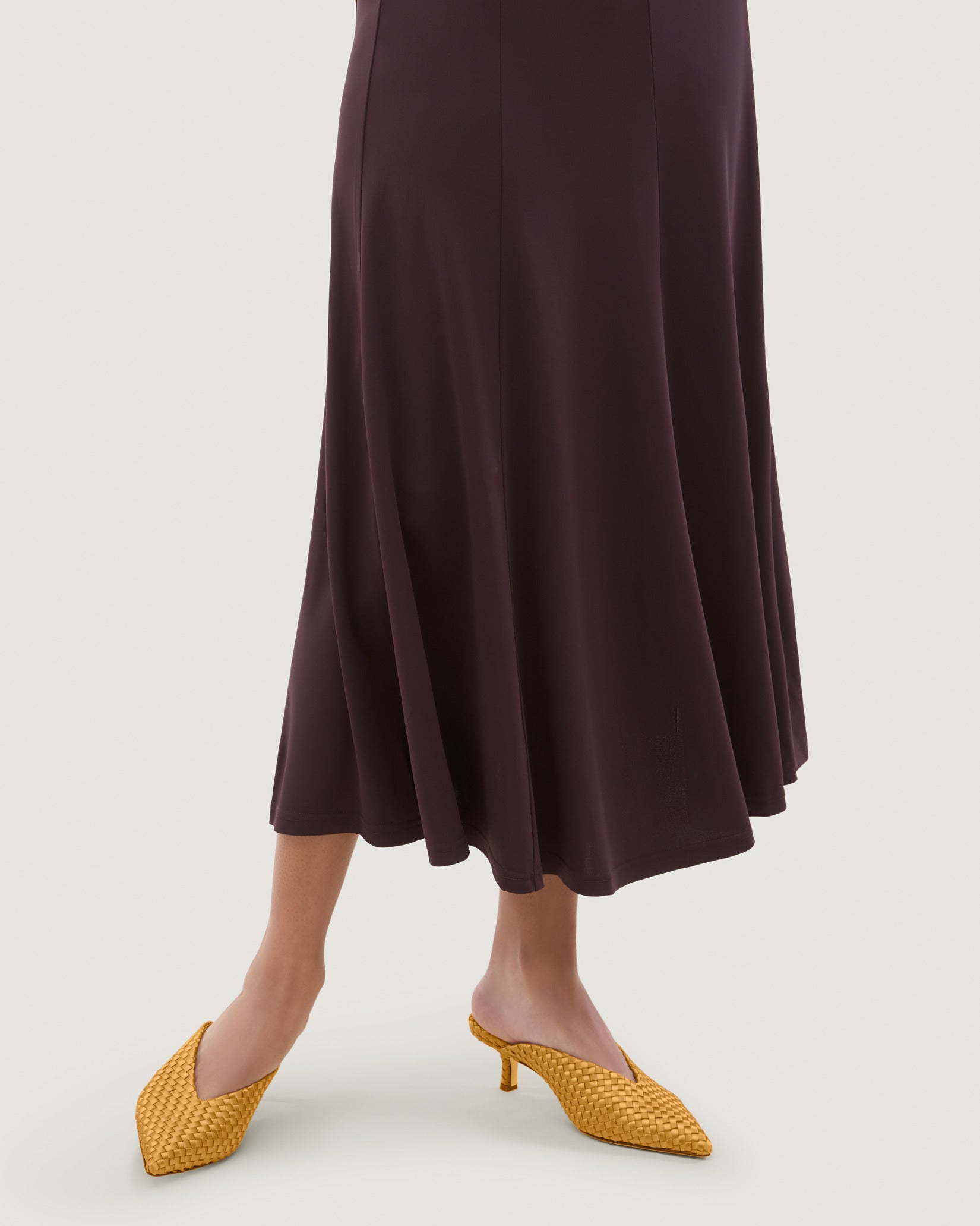 Strada Satin Kitten Heel in Ore shown on model.