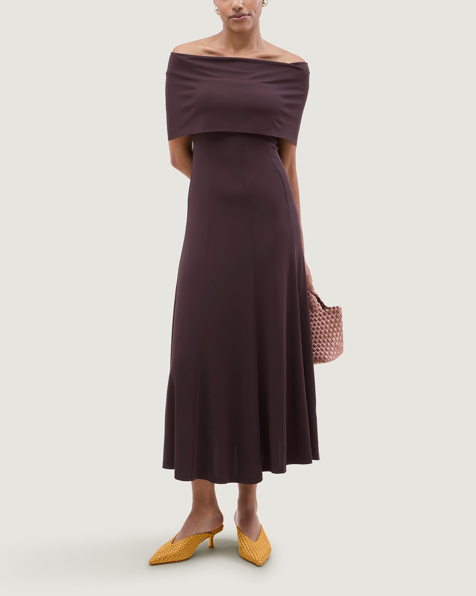 Strada Satin Kitten Heel in Ore shown on model.