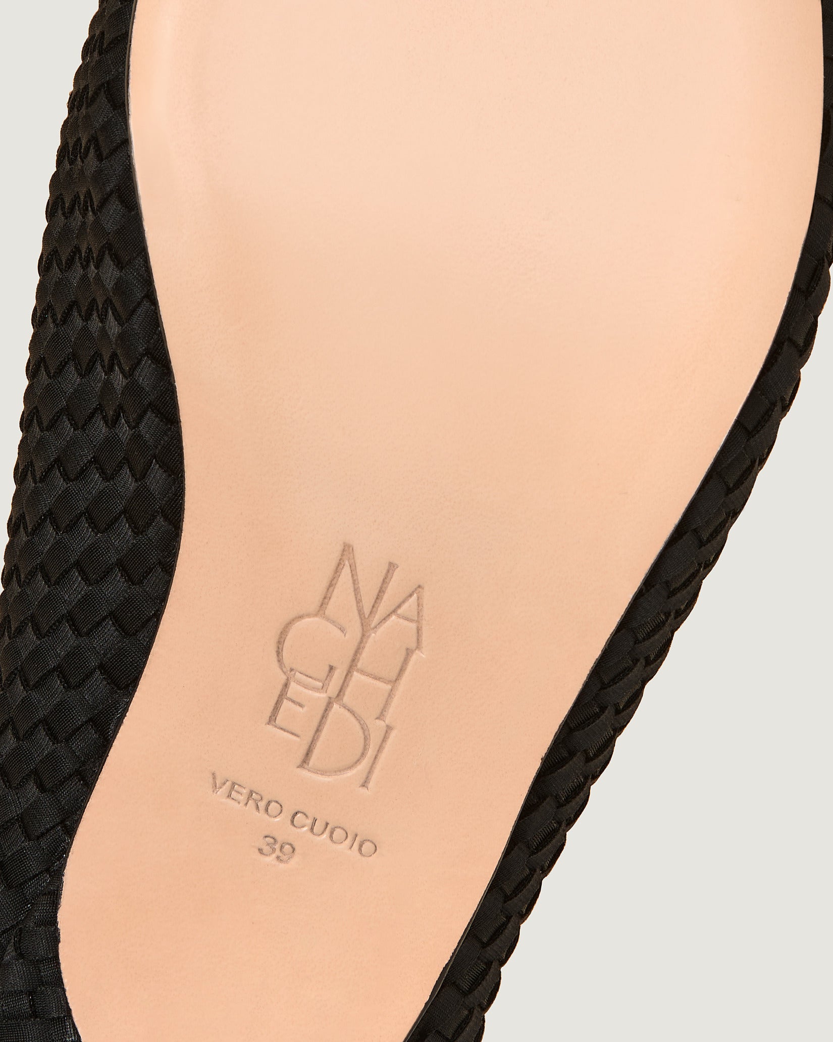 Shoe sole showing stamped NAGHEDI logo and size detail for Strada Kitten Heel in Onyx.