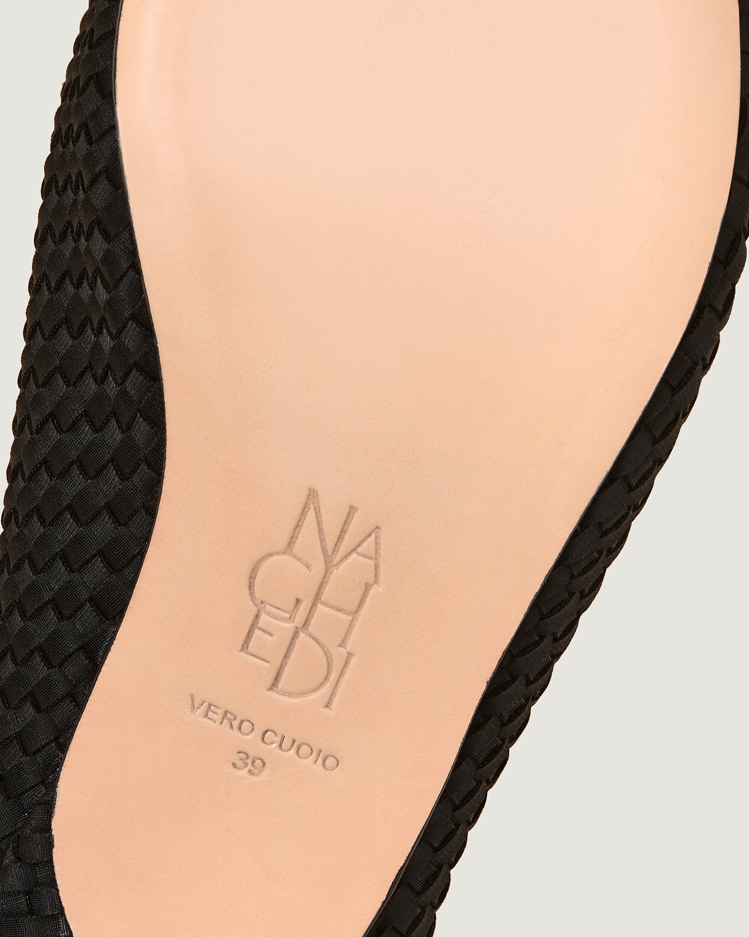 Shoe sole showing stamped NAGHEDI logo and size detail for Strada  in Onyx.