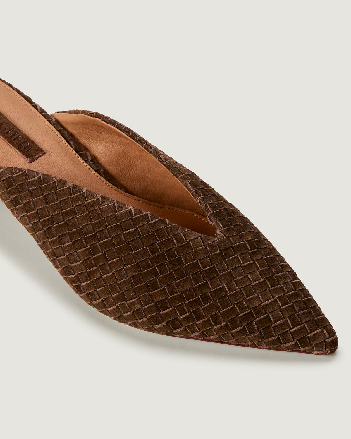 Close-up of Strada in Teak showing its closed toe and pointed silhouette.