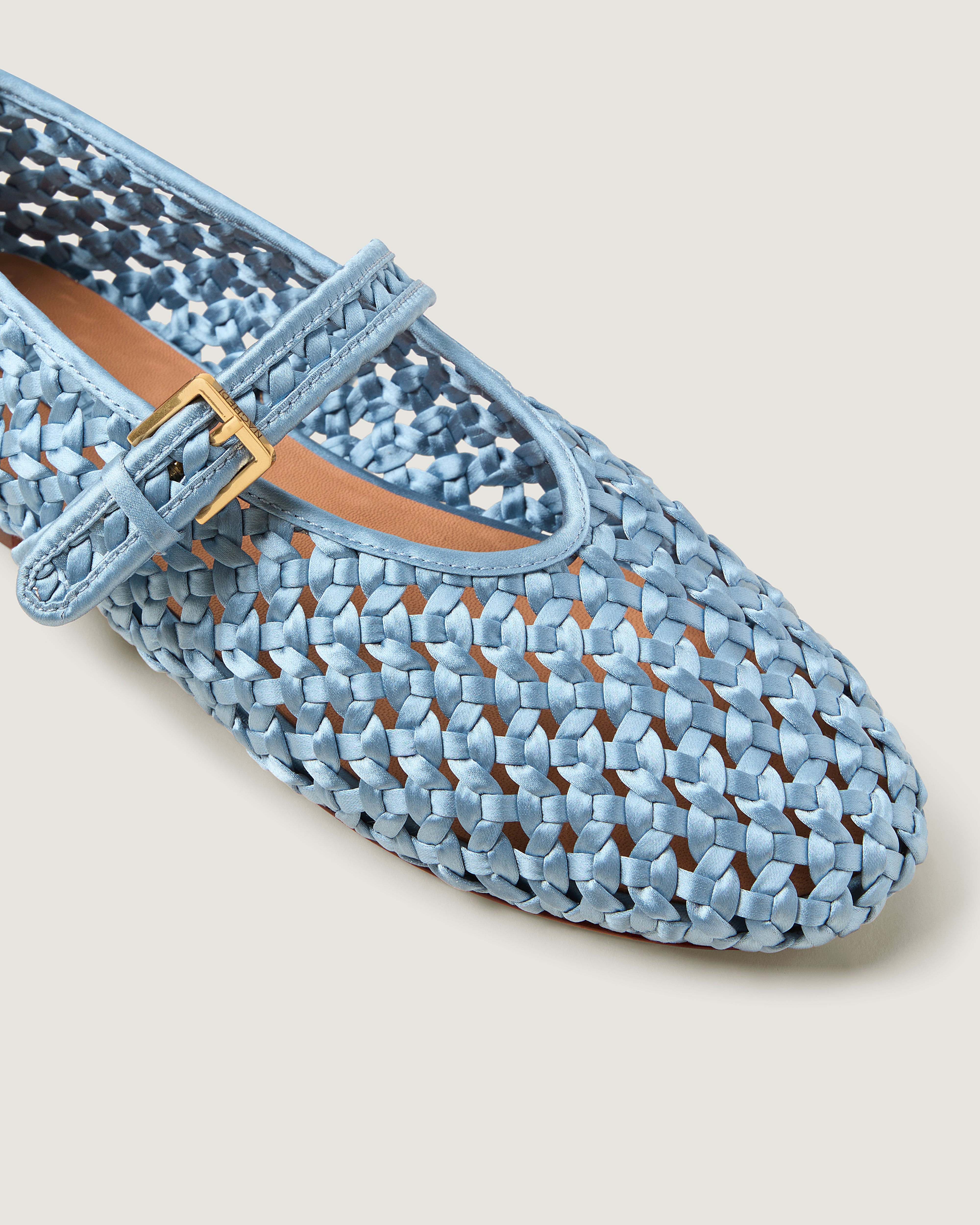 Close-up of The Sydney Mary Jane in Celeste showing its closed toe and round silhouette.
