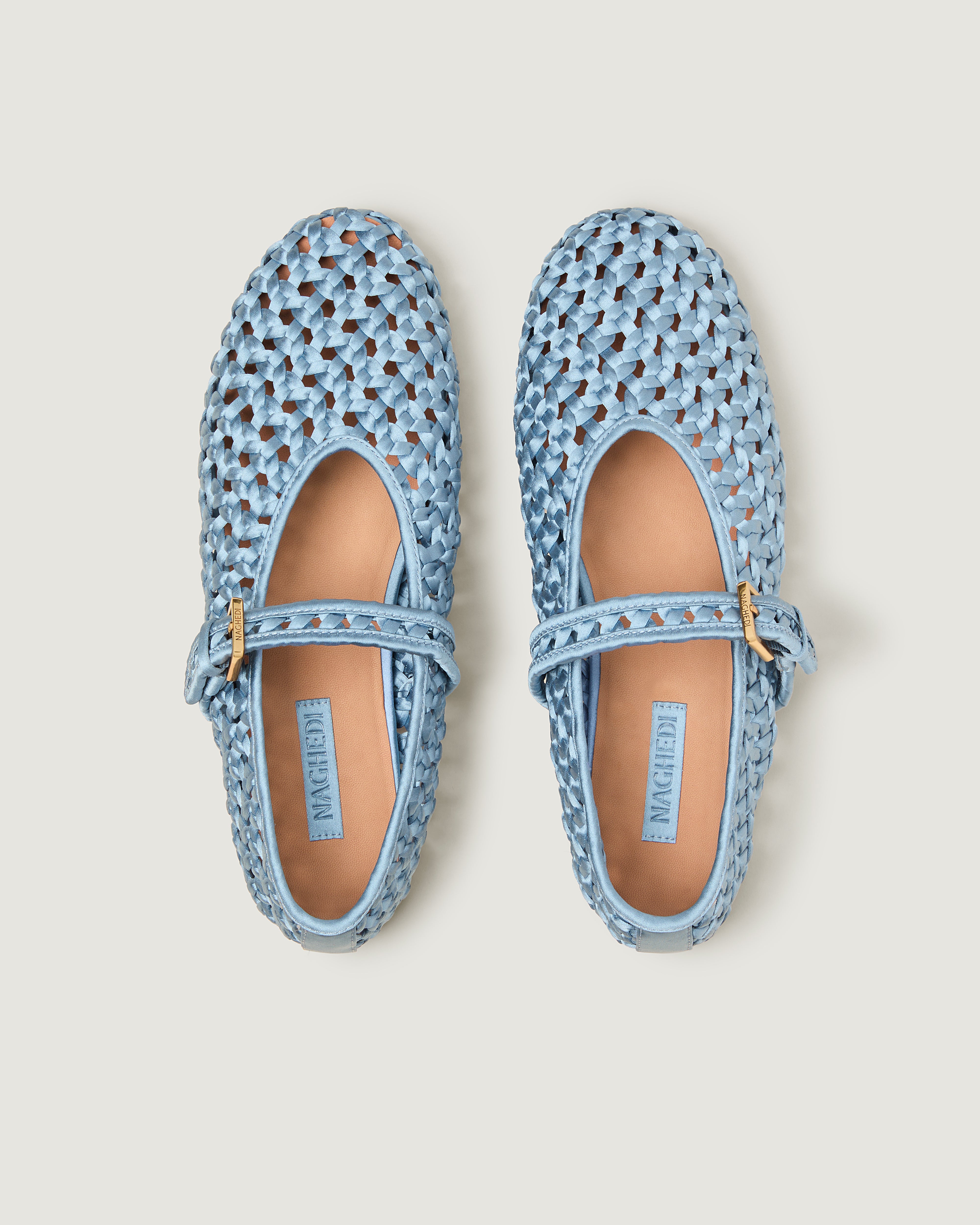 Top view of pair of The Sydney Mary Jane in Celeste showing the natural tanned leather insole.