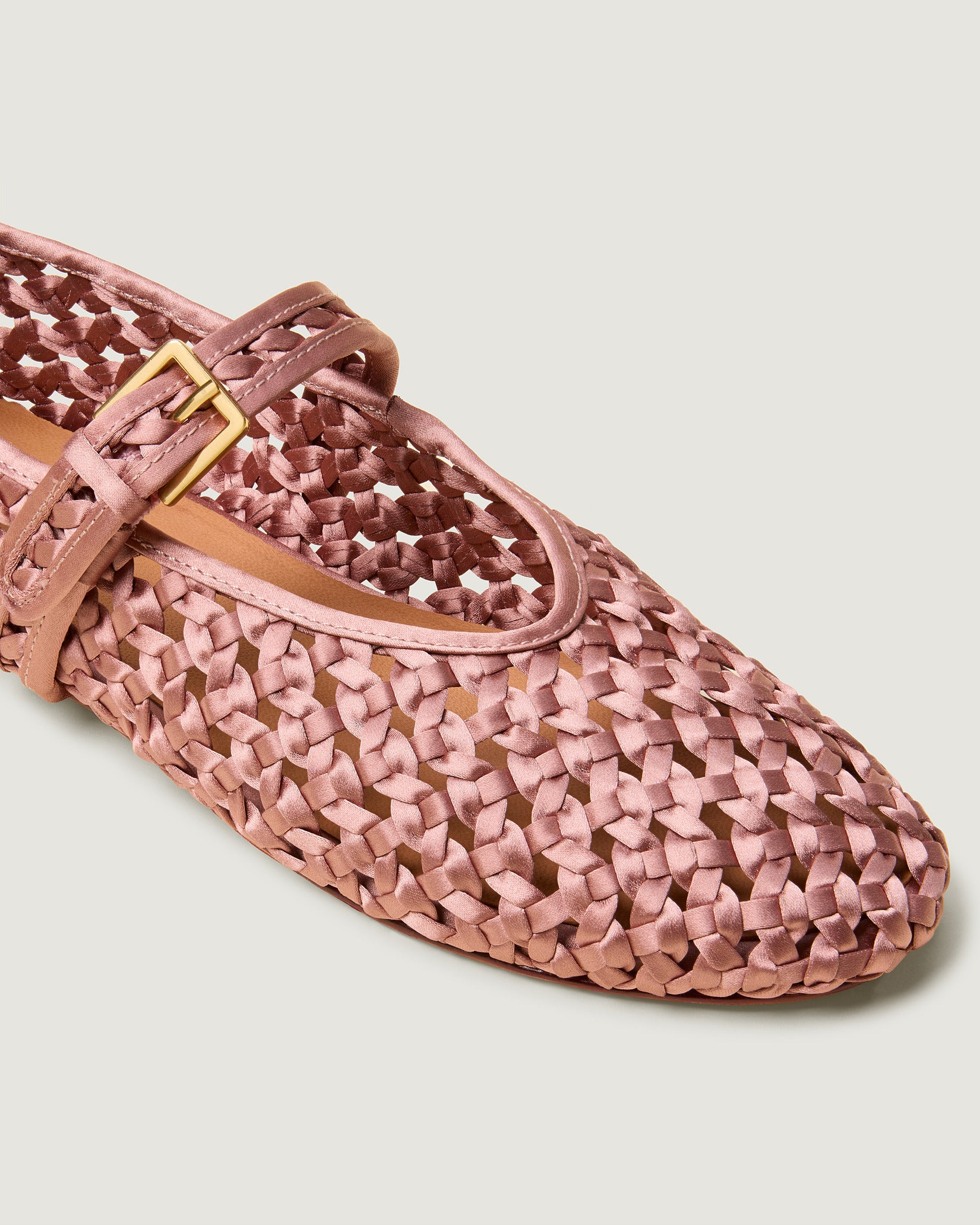Close-up of Sydney Satin Mary Jane Flats in Daphne showing its closed toe and round silhouette.