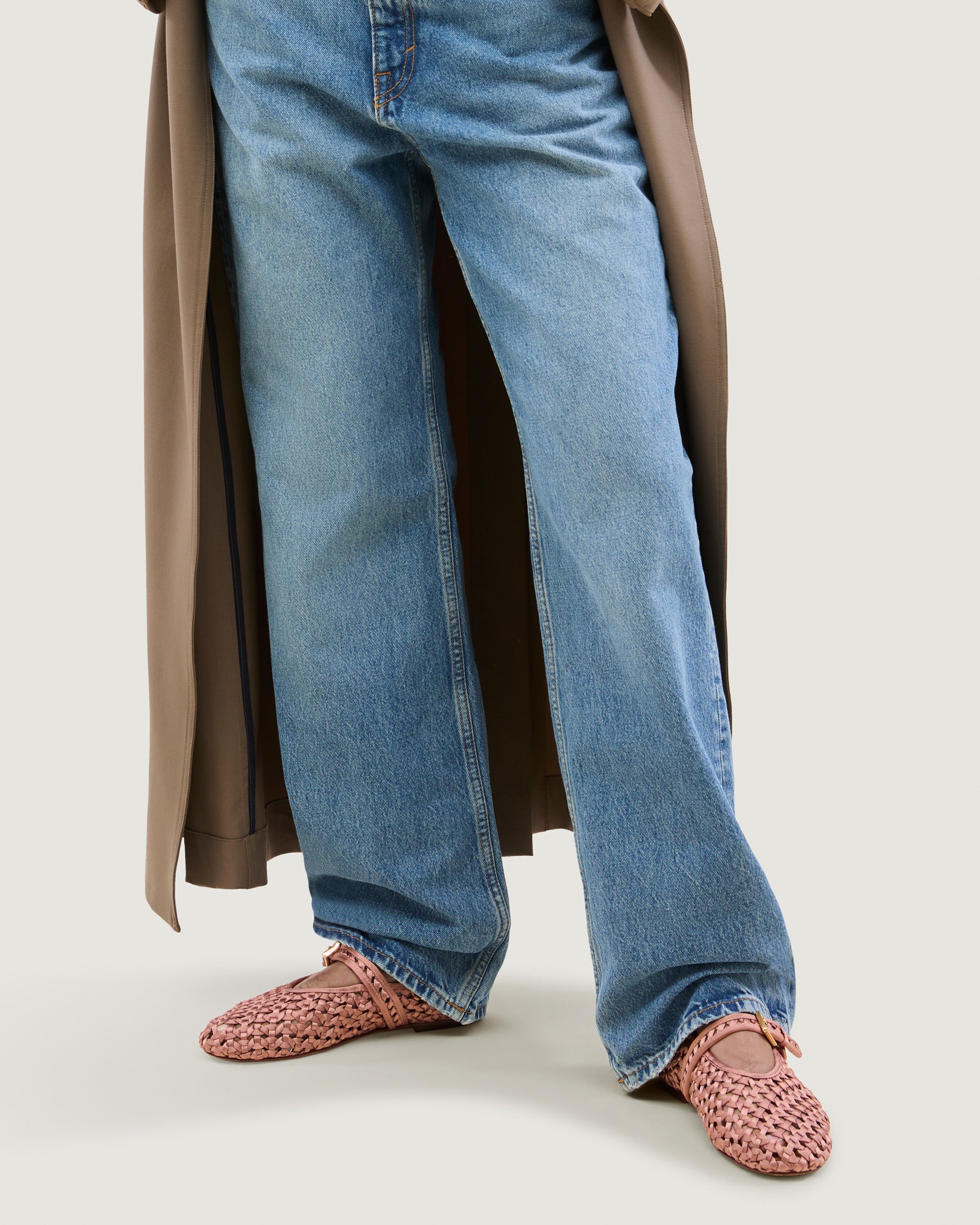 Sydney Satin Mary Jane Flats in Daphne shown on model.