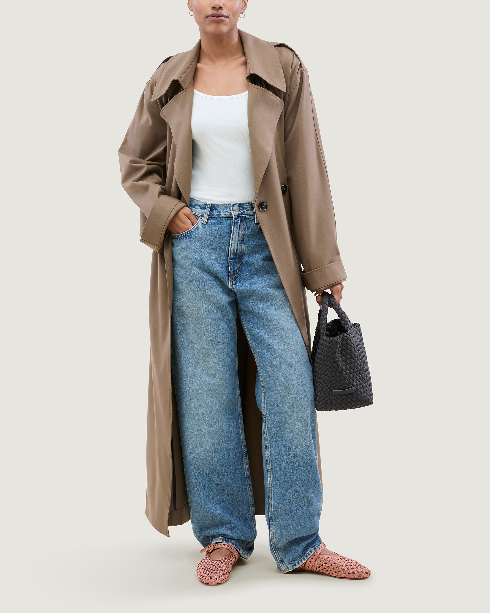 Sydney Satin Mary Jane Flats in Daphne shown on model.